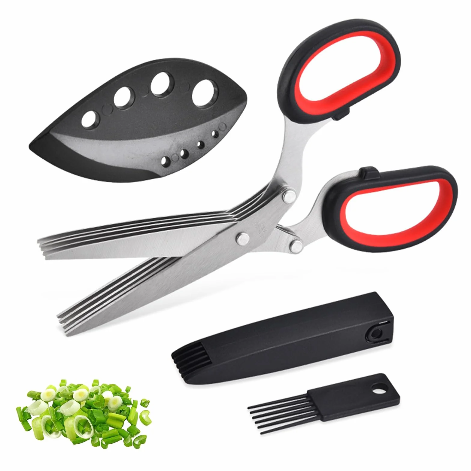 Tijeras para hierbas, tijeras de cocina de 5 cuchillas de acero inoxidable, tijeras de especias cebolletas con tapa de seguridad y peine de limpieza para hierbas aromáticas, cebolletas, negro rojo