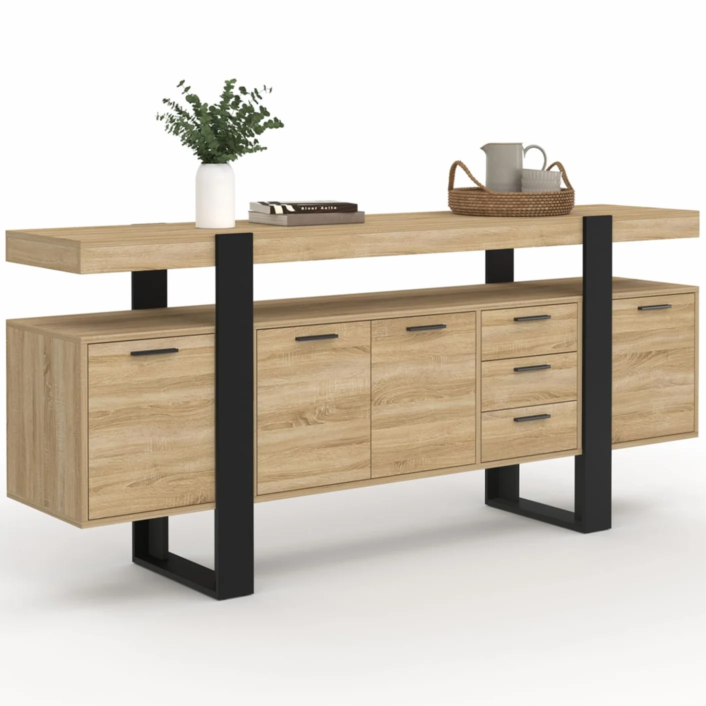 IDMarket Phoenix XXL - Aparador (180 cm, 4 puertas y 3 cajones, madera y negro), color negro