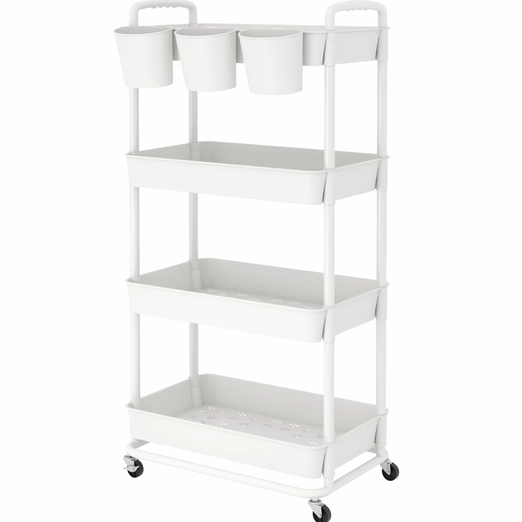 JIUYOTREE Carrito de Almacenamiento de plástico de 4 Niveles con Asas para Colgar adicionales, Ruedas bloqueables para Sala de Estar, baño, Cocina, Oficina, Color Blanco