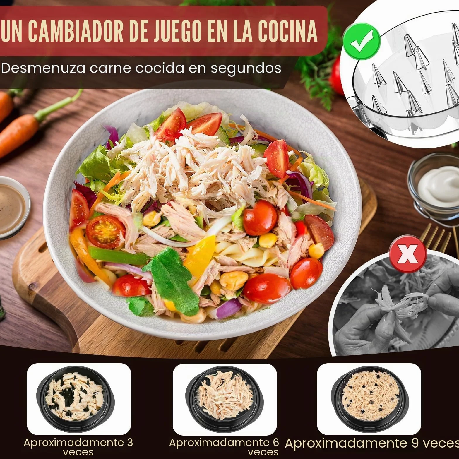 Desmenuzador de Carne Manual,Trituradora de Pollo y Cerdo con transparente Asas y Base Antideslizante,trituradora de alimentos,Lavable en Lavavajillas,Ideal para Ensaladas y Pulled Pork (Negro,20cm)