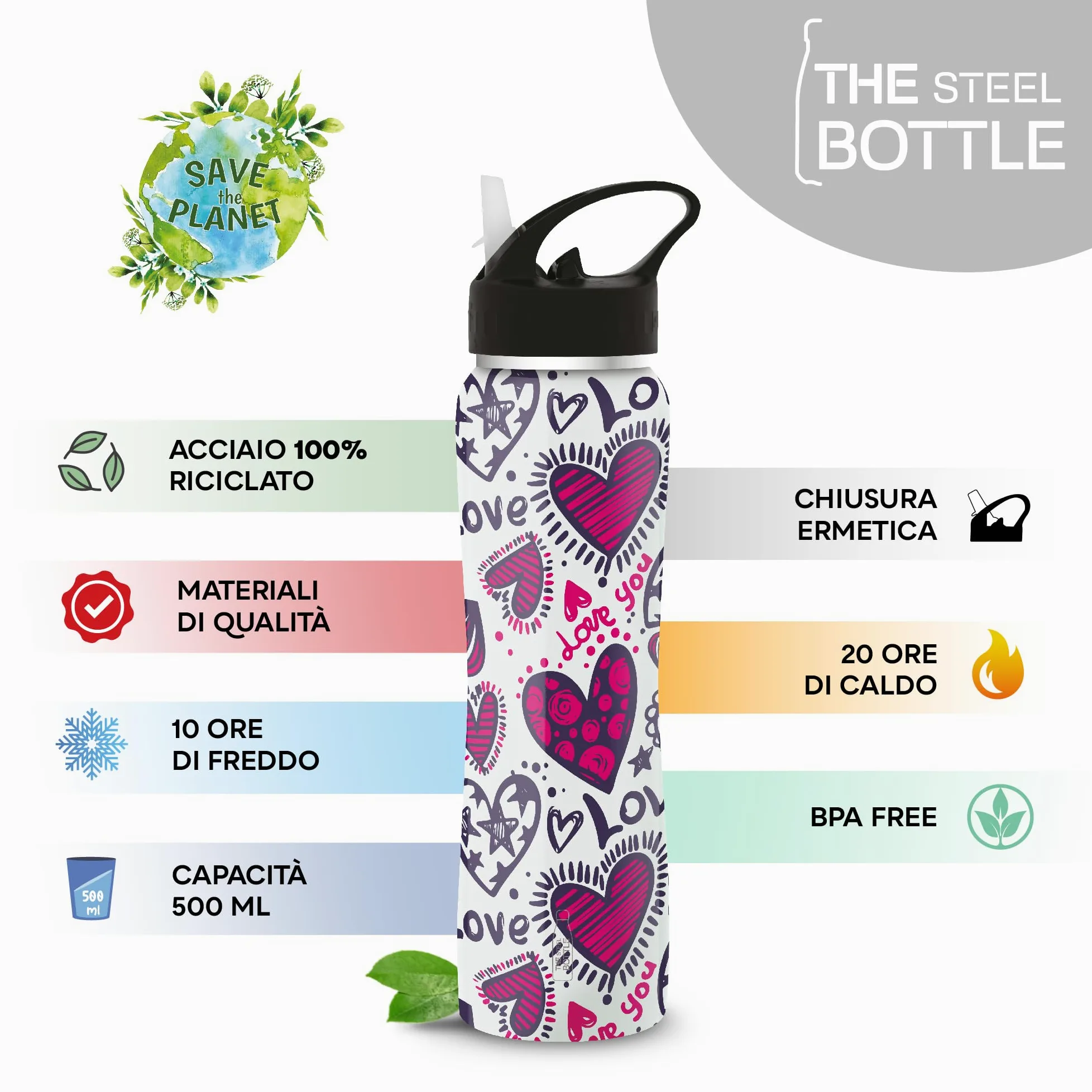 The Steel Bottle - Botella térmica de Acero Inoxidable, Aislamiento al vacío de Doble Pared, Capacidad 500 ml, Cierre hermético, Botella portátil