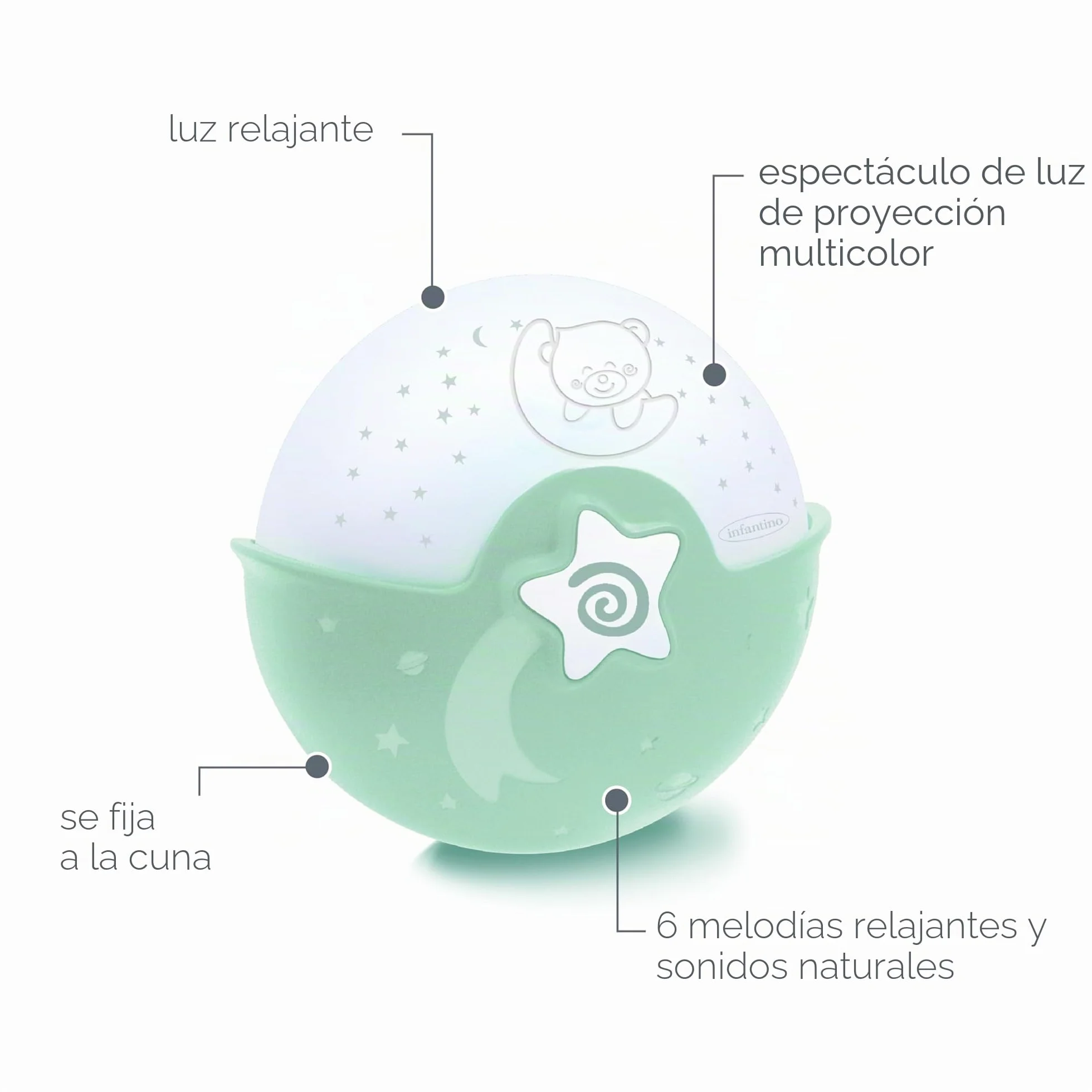 Infantino Luz Calmante y Proyector Nocturna con Clip para Cuna Grow-with-Me, Proyector de Estrellas y Luz de Mesa con Melodías y Sensores de Sonido, Salvia