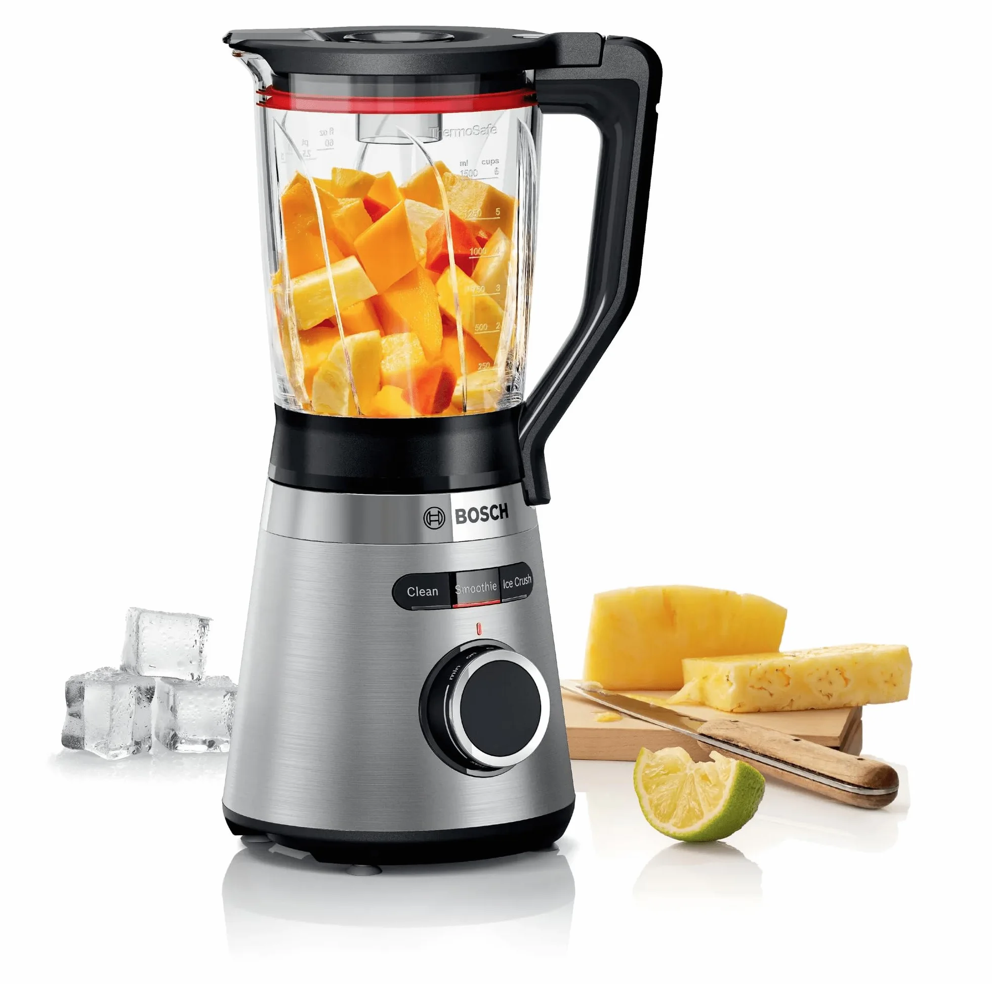 Bosch - Batidora de Vaso VitaPower, 1200 W, 1.5 litros, Jarra de cristal ThermoSafe, Cuchillas EasyClick, Programas Automáticos, Acero y Negro, MMB6382M