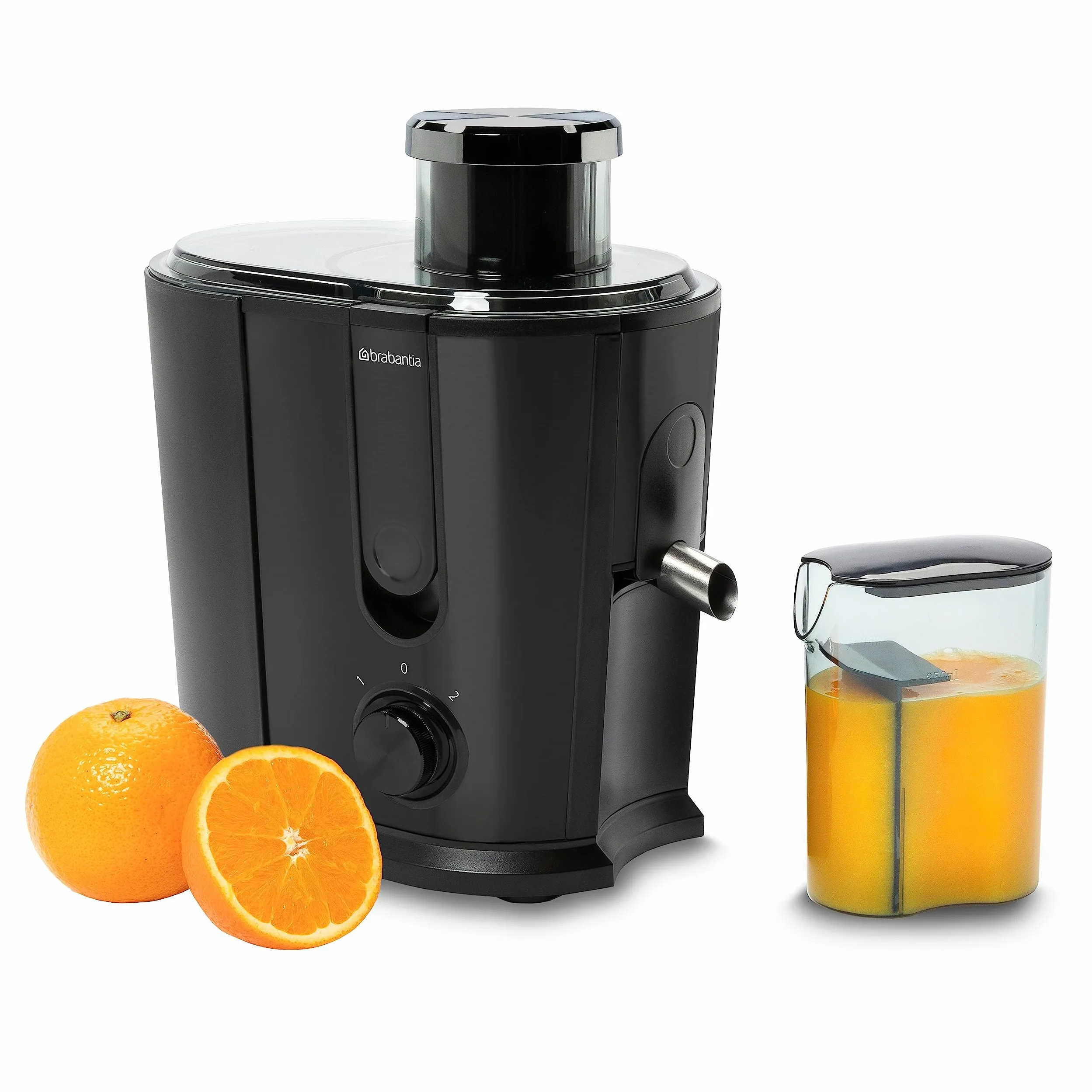 Extractora de Zumo Brabantia, 500 Vatios, Recipiente de Pulpa 1 L | Jarra de Zumo 0,35 L, 2 Velocidades, Licuadora Potente, Eléctrica, Verduras y Frutas, Acero Inox, Negro, BBEK1123BK