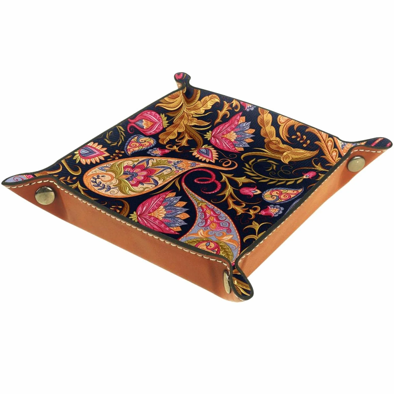 Vendimia Floral Paisley étnico Bandeja de Cuero,Bandeja de Cuero Plegable para Reloj de joyería de Monedas de Llave de Almacenamiento