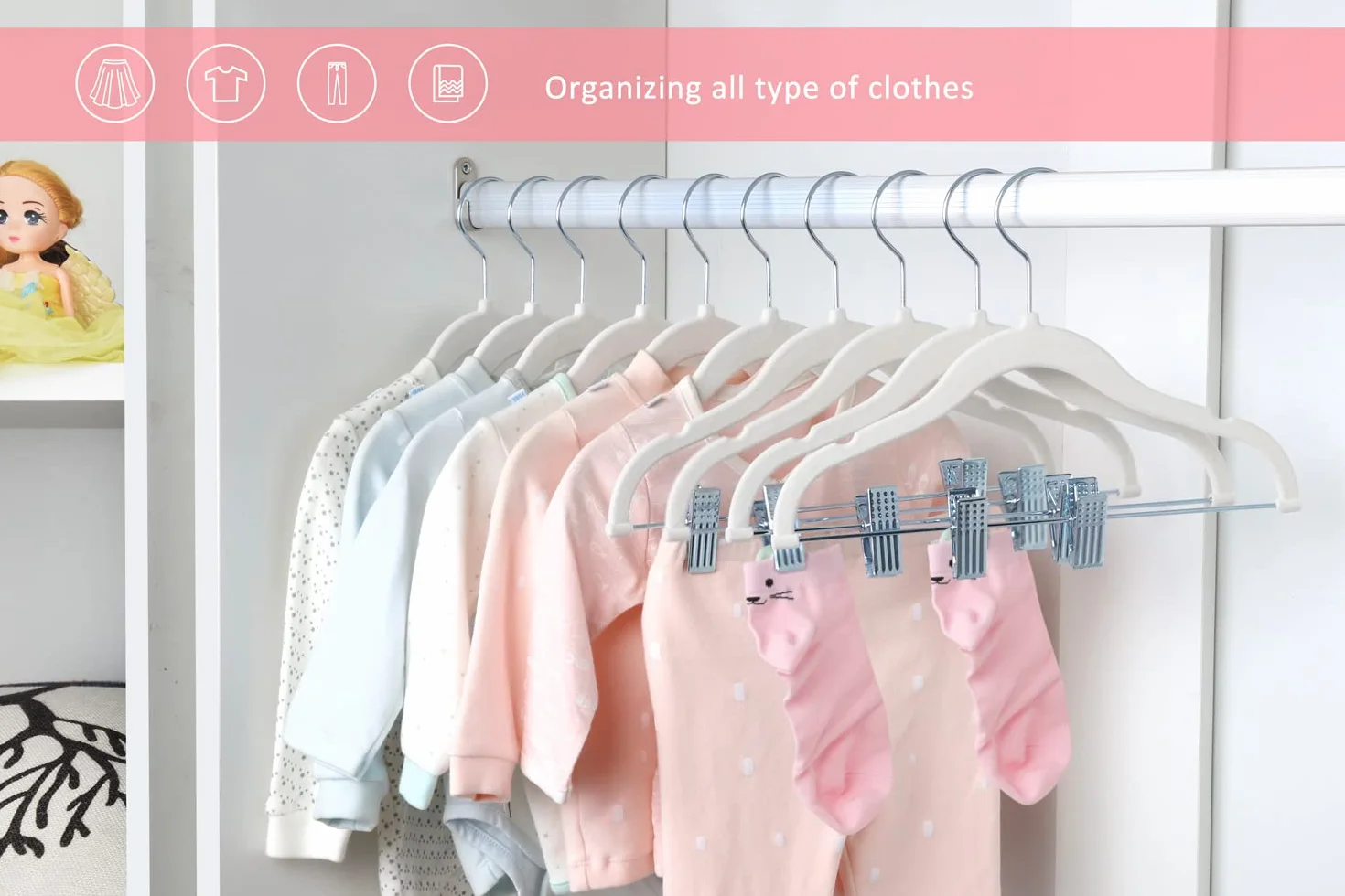 ManGotree Perchas de terciopelo para bebé de 11.8 pulgadas con clips móviles, perchas antideslizantes para ropa de niños, perchas de fieltro ultrafinas que ahorran espacio para camisas, pantalones