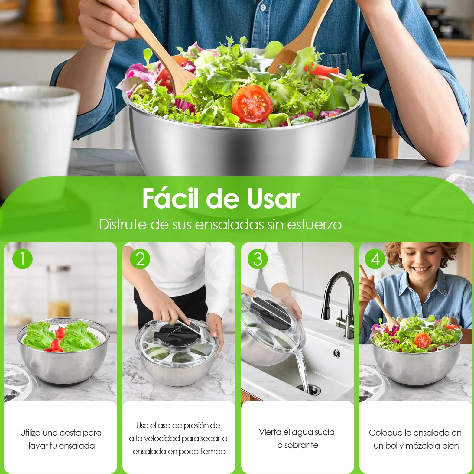 Centrifugadora Lechuga 4,5L de Acero Inoxidable Grande, Escurridor Lechuga Centrifuga con Tapa, Base Antideslizante, Escurridor Ensalada para Lavar y Escurrir Las Ensaladas