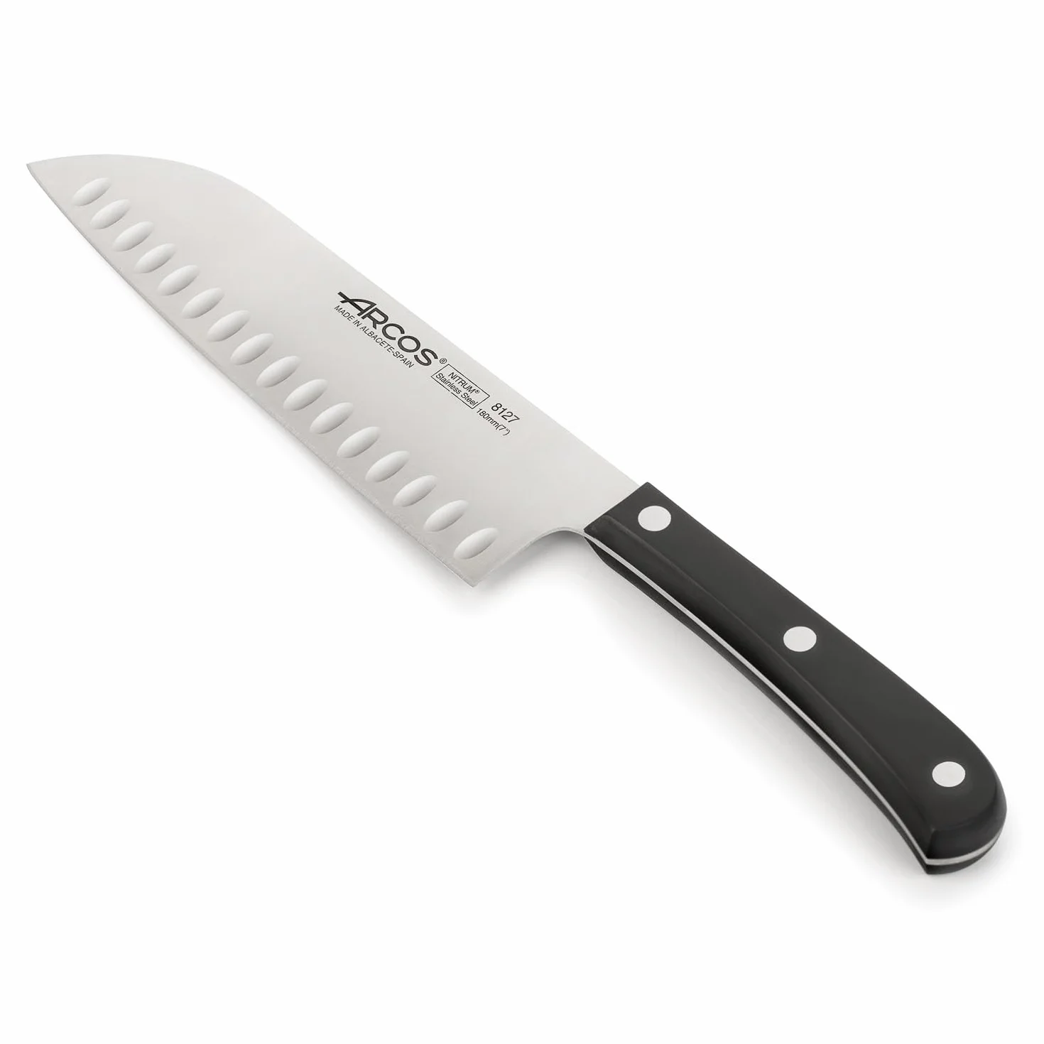 Arcos Cuchillo Santoku Acero Inoxidable Nitrum 180 mm - Hoja Resistente y Duradera, Mango Ergonómico POM Negro, Ideal para Cocina Diaria, Corte Preciso y Seguro