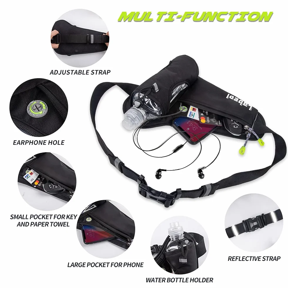 Cinturón de hidratación para correr con soporte para botella, riñonera reflectante ajustable, portabotellas, compatible con teléfono, negro