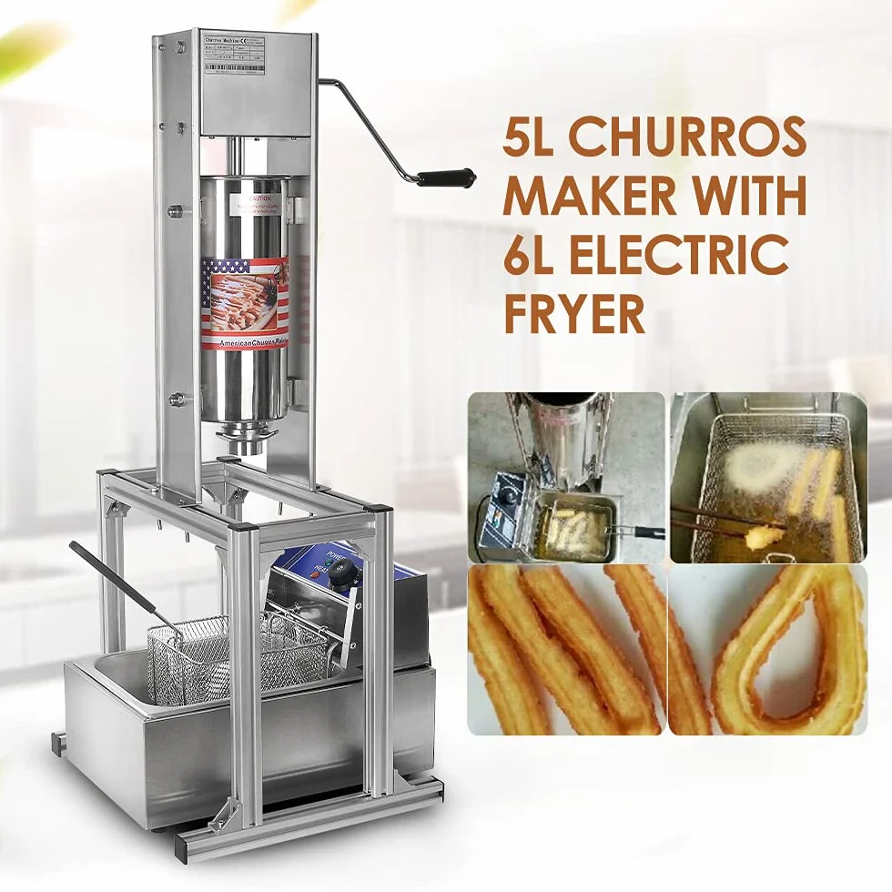 Máquina de churros manual comercial Donuts españoles con freidora 6L - 4 tipos de moldes Churros Maker