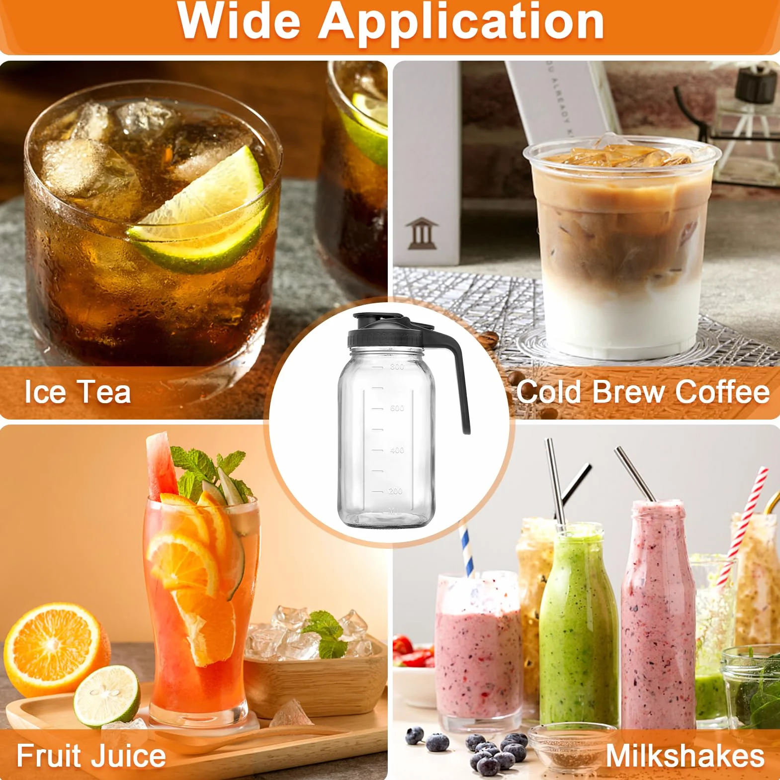 Jarra de vidrio de 32 onzas con boquilla de vertido y asa, jarra de boca ancha a prueba de fugas para café frío, té helado, jugo, limonada, té solar, bebidas de frutas, tapa hermética para