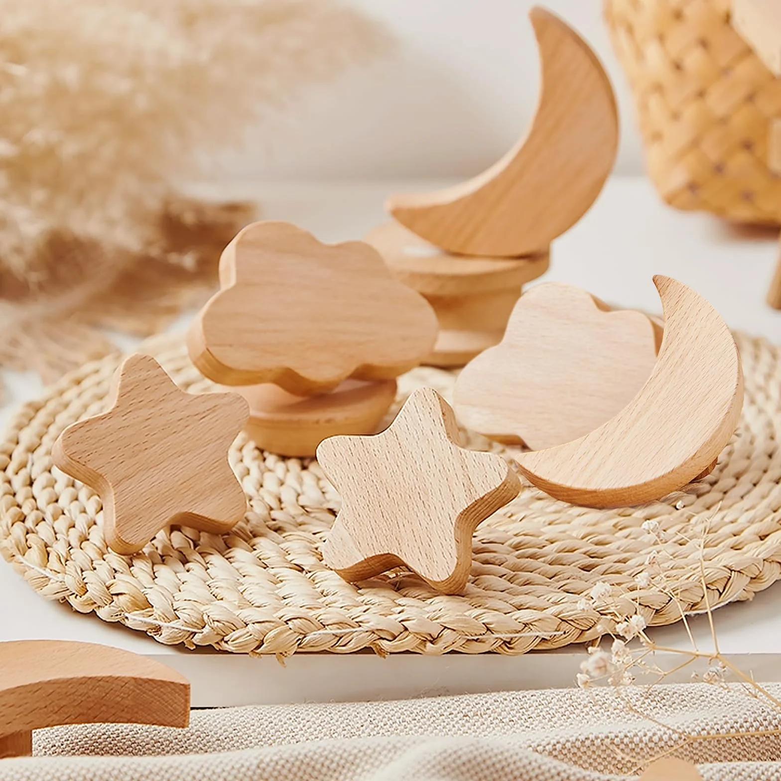 AKONE 6 pomos de madera para armarios infantiles, diseño de estrellas, luna, nubes de madera, para armario, cajones, decoración natural, cajón, habitación de los niños