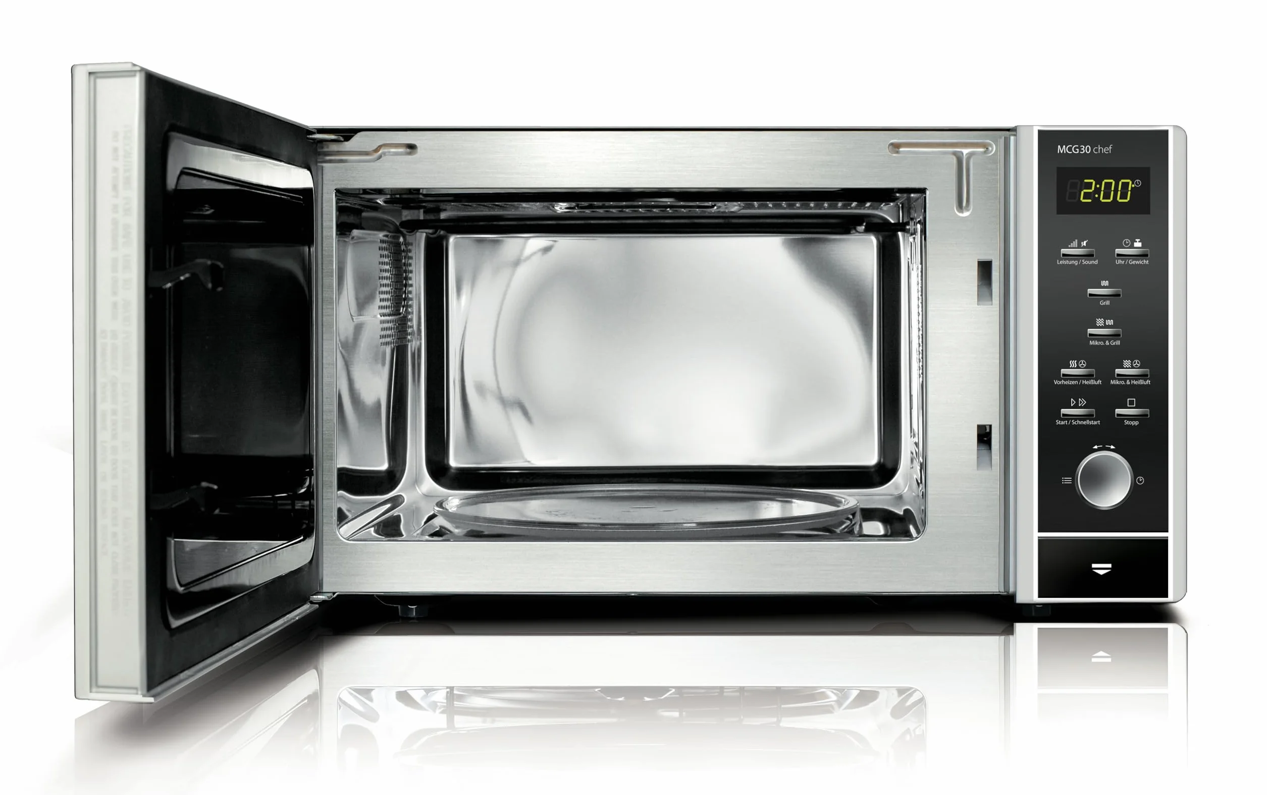 CASO MCG 30 Chef - microondas 3 en 1 de 900W con grill de 1250W y aire caliente de 2200W - Capacidad de 30L - Plato giratorio Ø 31,5 cm - pantalla digital, frontal espejado - acero inoxidable y negro
