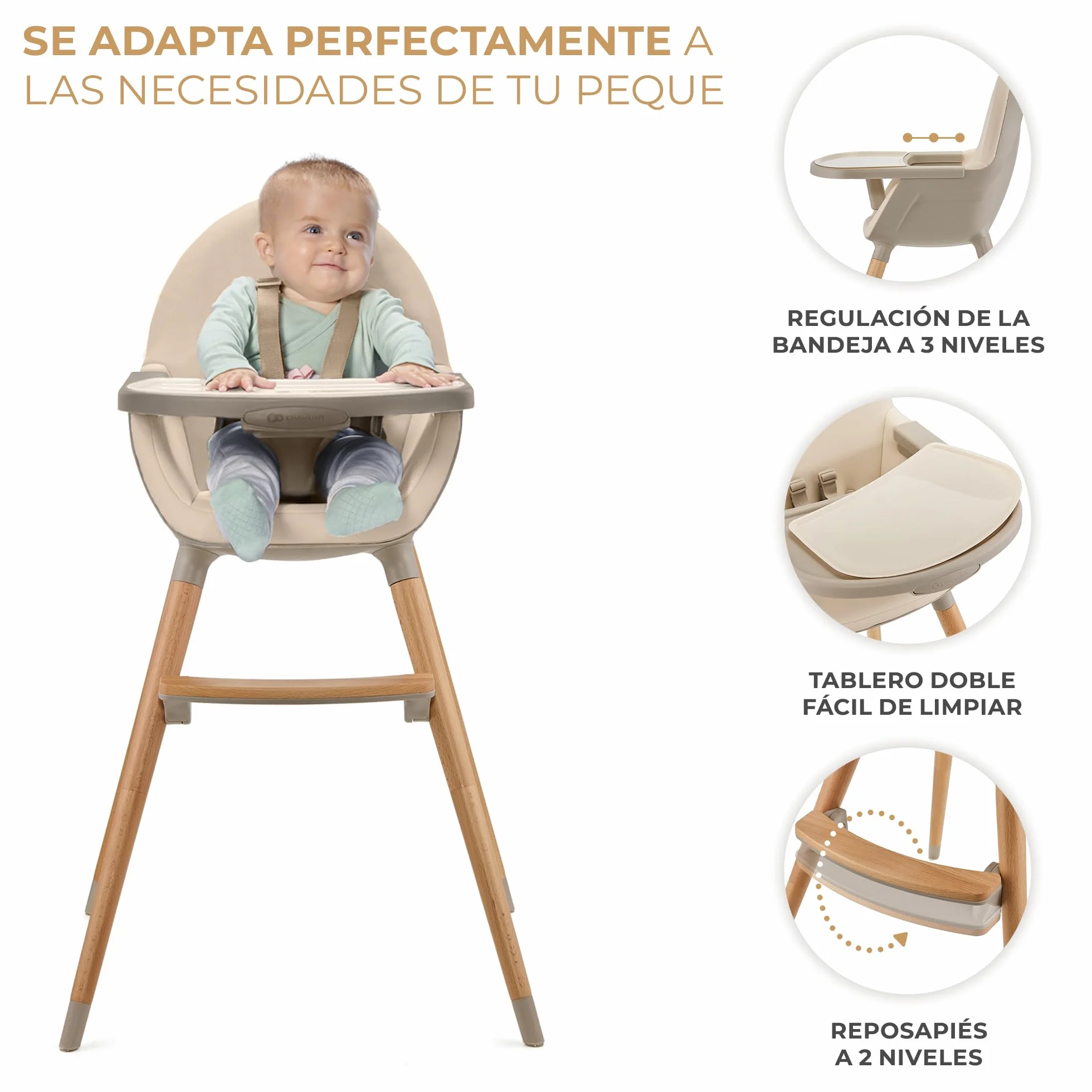 Kinderkraft FINI 2 Trona bebé 2 en 1 Silla Infantil Portátil Patas de Madera Bandeja Ajustable Beige