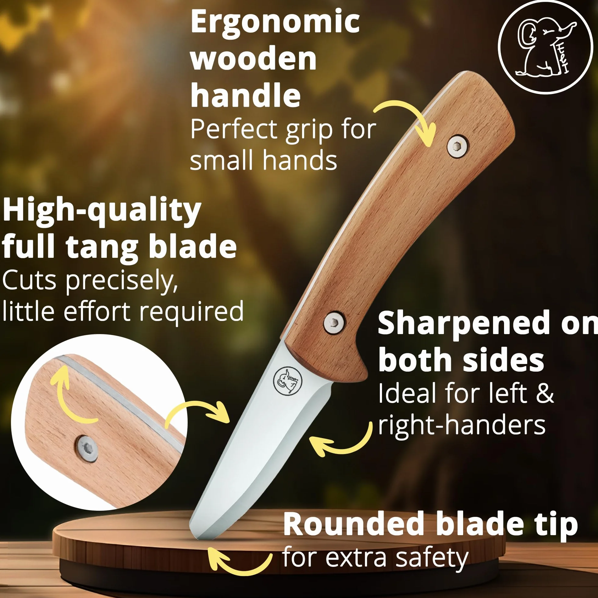 Eli Cuchillo de talla para niños con funda de cuero set con guantes resistentes a cortes