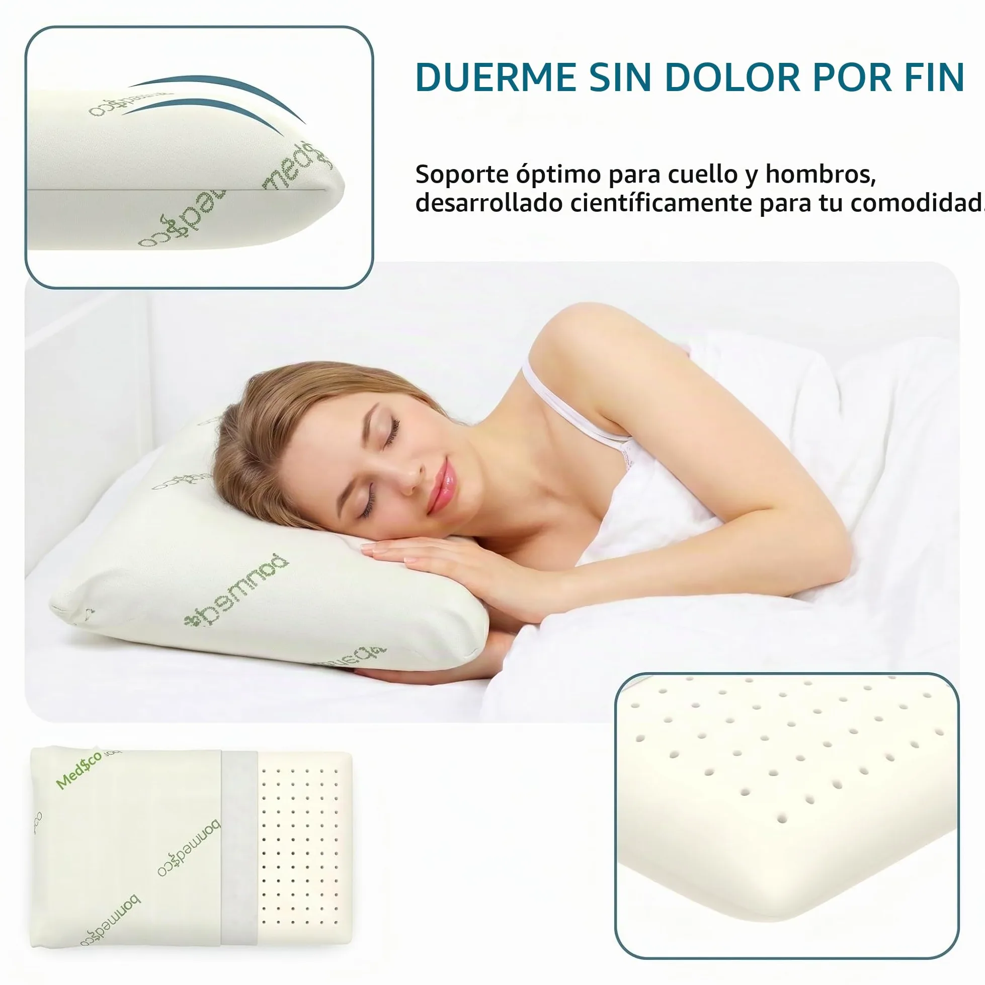 bonmedico Almohada Cervical Viscoelástica Fibra Bambú | Almohada con espuma memoria y funda de bambú lavable. Soporte cómodo para cuello y descanso.