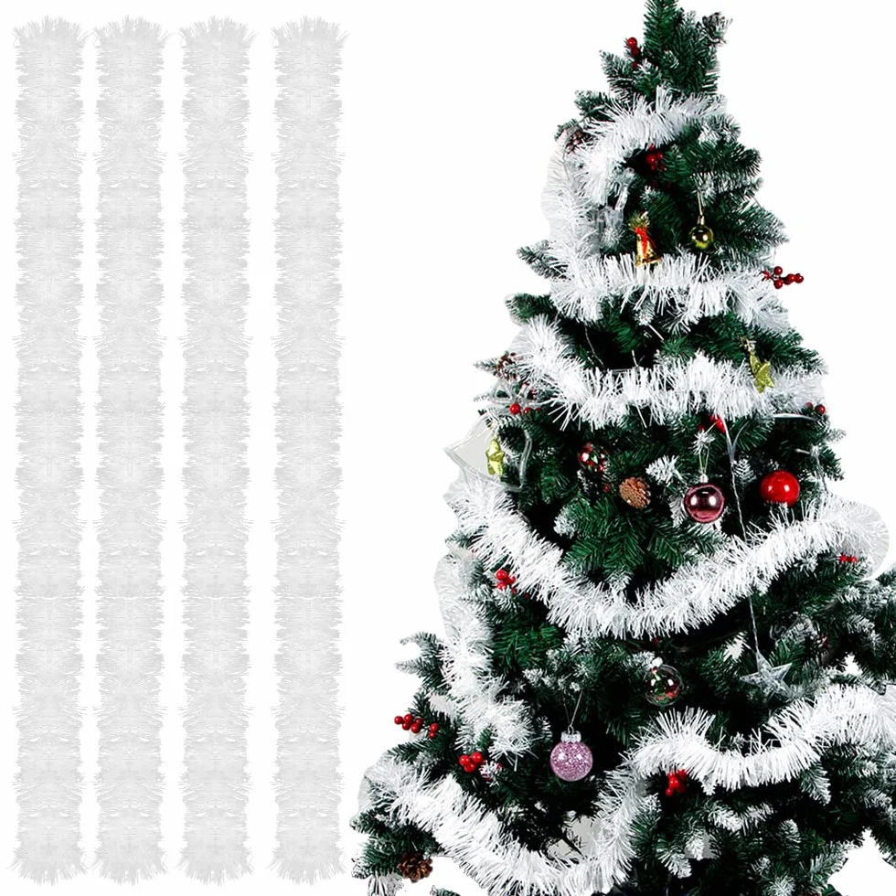 Bluelves Guirnalda de Oropel Navidad, 4pcs Espumillon Arbol Navidad, 3m Espumillón de Navidad, Oropel Navidad, Espumillon Decoración para Fiesta Árbol de Navidad (Blanco)