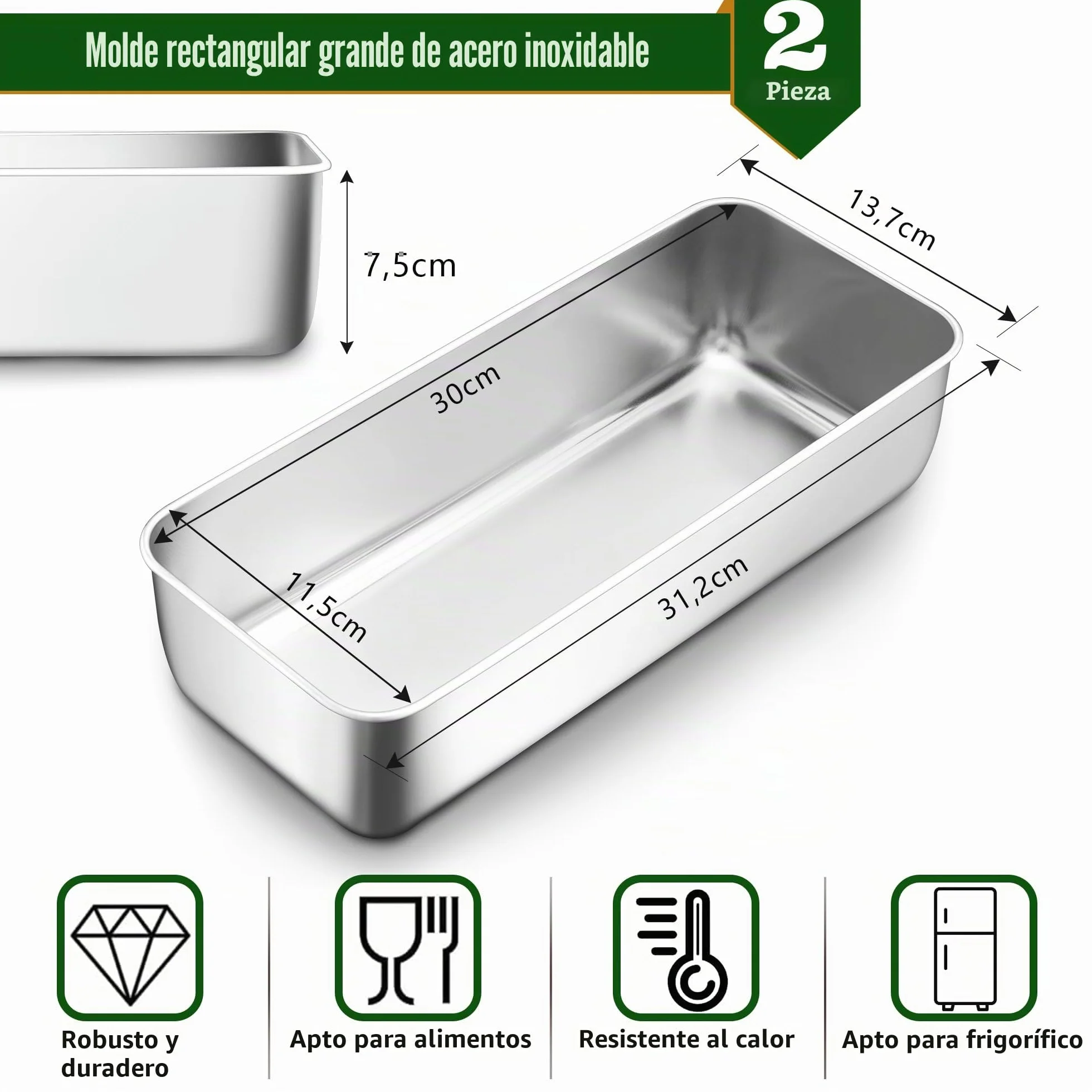 Joyfair Juego de 2 moldes de pan rectangulares de acero inoxidable, 31,2 cm, 7,5 cm de profundidad, para pan, pastel, tostadas, saludable y no tóxico, fácil de limpiar y apto para lavavajillas
