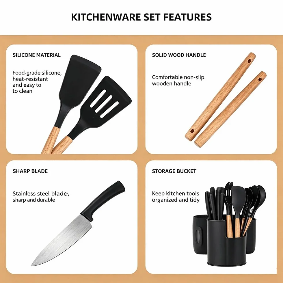 Juego De 19 Utensilios De Cocina De Silicona con Cuchillos De Acero Inoxidable Y Soporte De Almacenamiento; Kit De Herramientas De Cocina Antiadherentes con Mangos De Madera Black