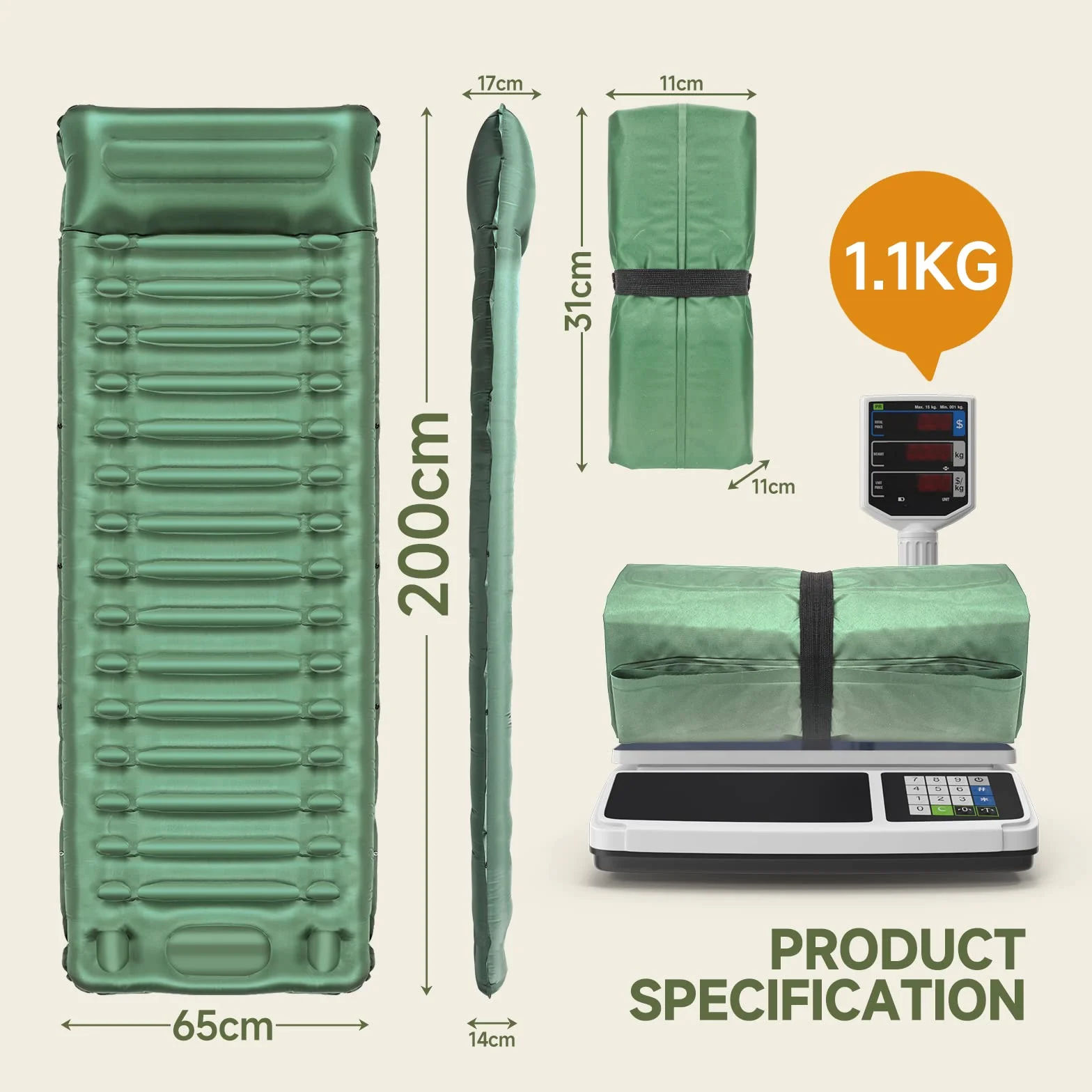 Colchón de Acampada autoinflable 14 cm, Impermeable, con Bomba de pie, para Senderismo Mochilero (Green)