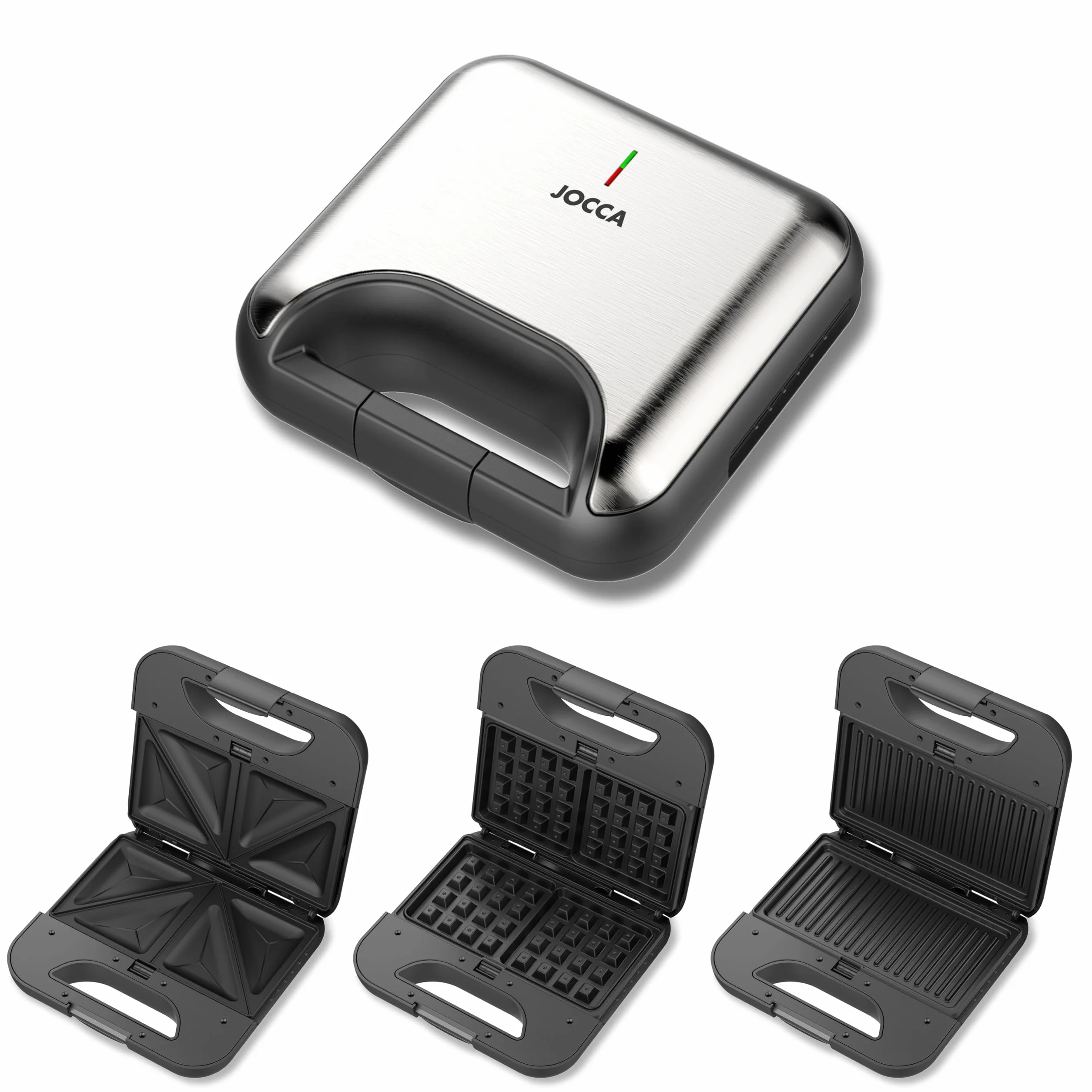JOCCA - Gofrera Sadwichera Panini con Placas Intercambiables/ 3 en 1/ Acero inoxidable/ Placas antiadherentes/ Cocina gofres, precalienta/ Luz indicadora