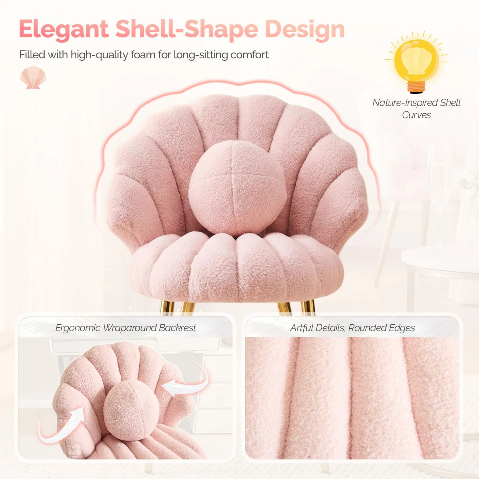 Bonnlo Silla Tocador Maquillaje, Silla Escritorio sin Ruedas de Peluche Sueve, con Respaldo Forma de Concha y Cojín Extraíble, Sillón Comedor Estilo Nórdico con Patas Doradas y Respaldo Redondo, Rosa