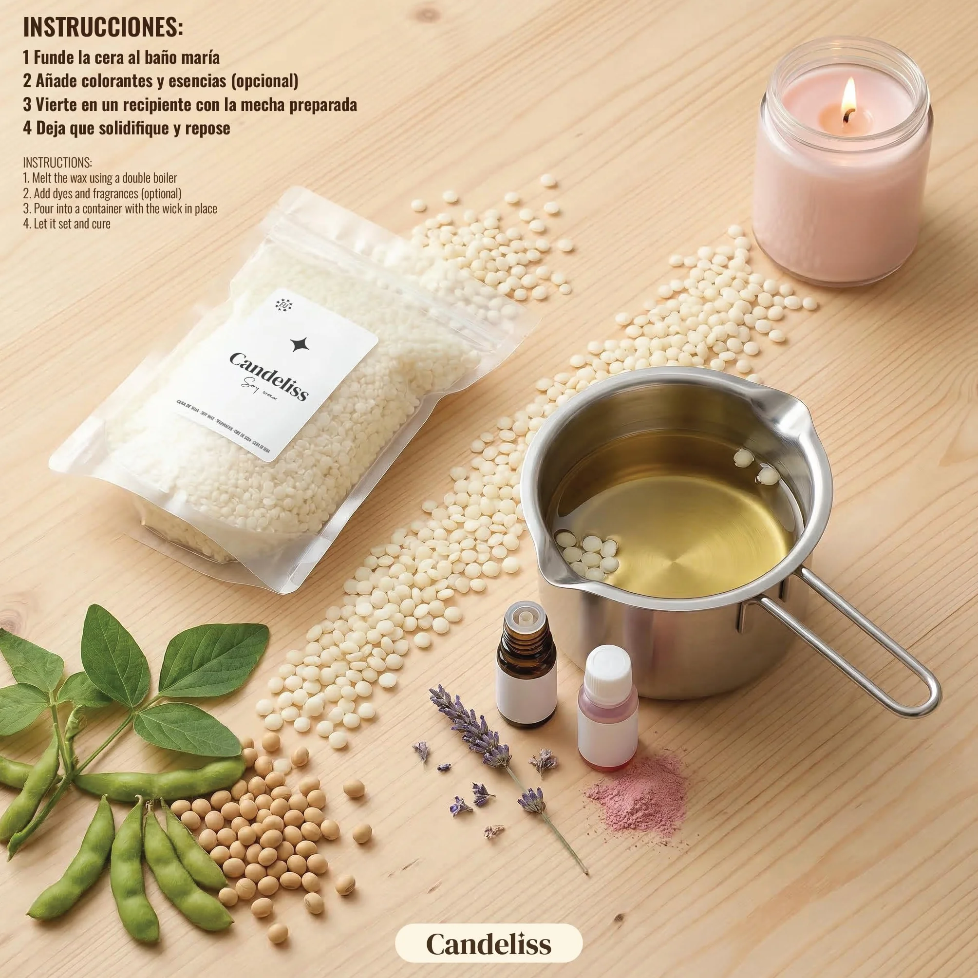 CANDELISS Cera para velas en Vaso 2kg. Cera de soja bajo punto de fusion para hacer velas caseras 2kg Material hacer velas blancas aromaticas color Soy candle wax candle making (2kg)