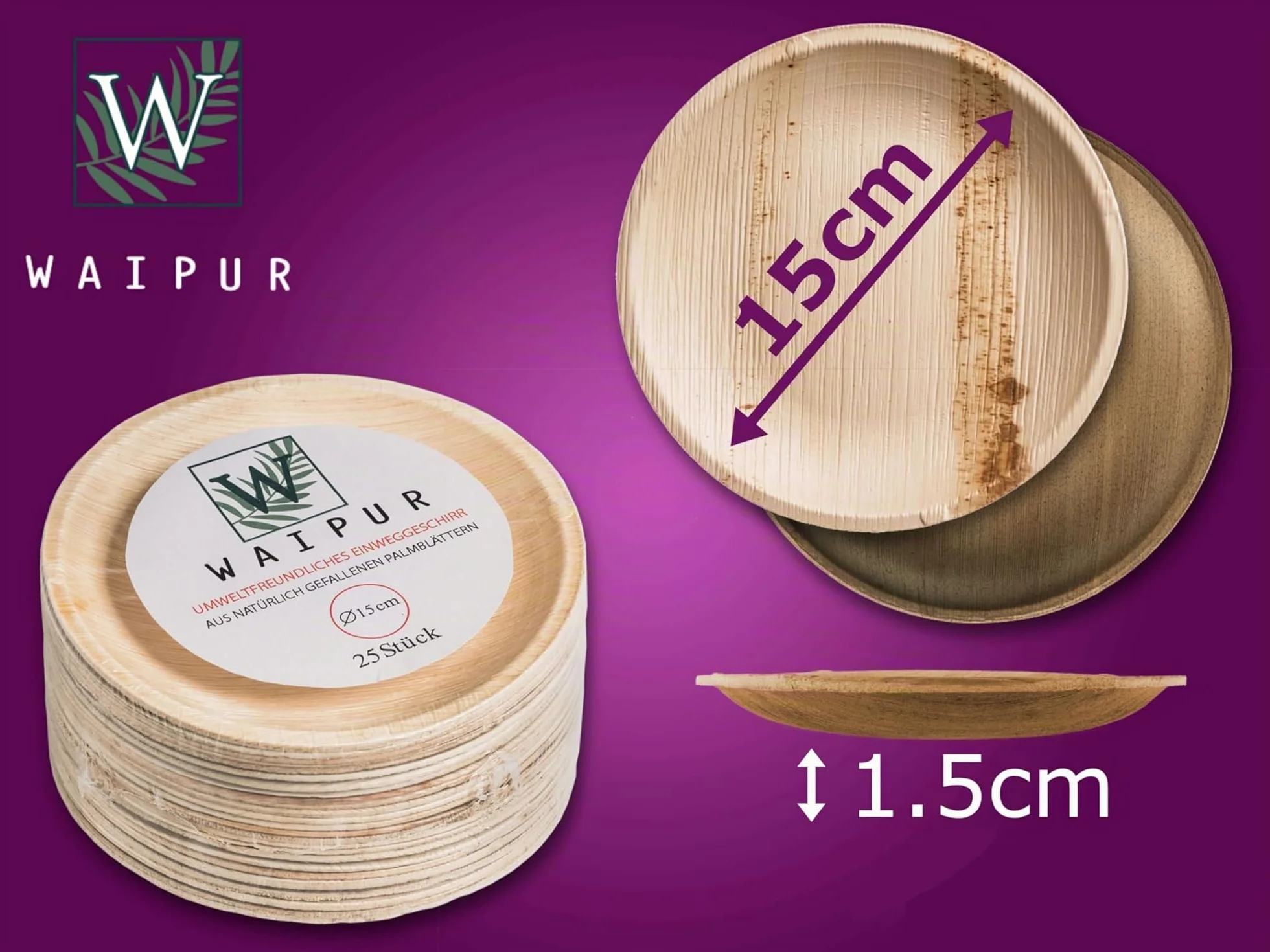 25 Platos Desechables de Hoja de Palma Orgánicos - Redondo Ø 15 cm - Vajilla Ecológica Elegante - Estable, Natural y Compostable - Menaje para Fiestas o Cocktail