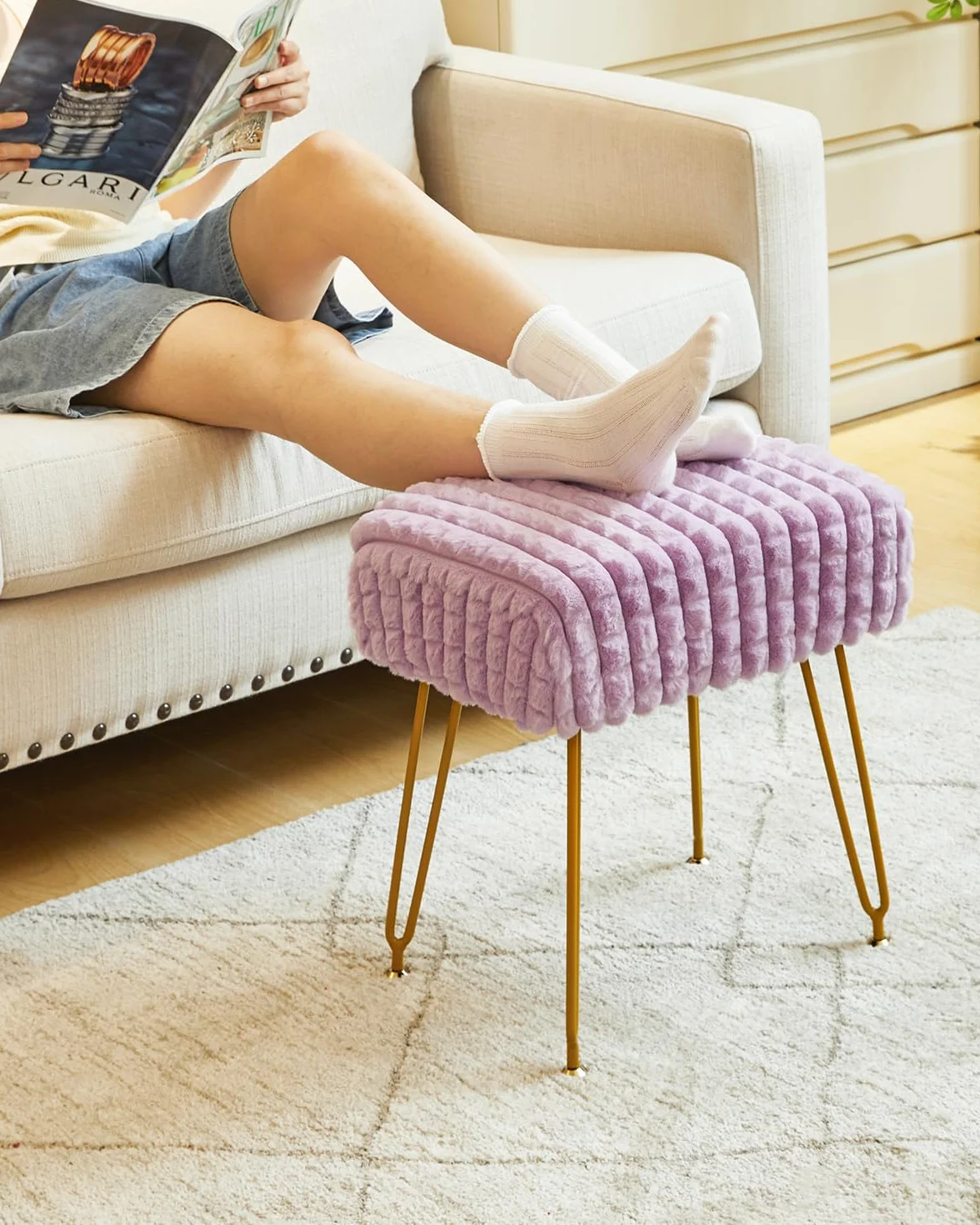 IBUYKE Otomano Rectangular Taburete de Terciopelo con Piernas de Acero Dorado Púrpura