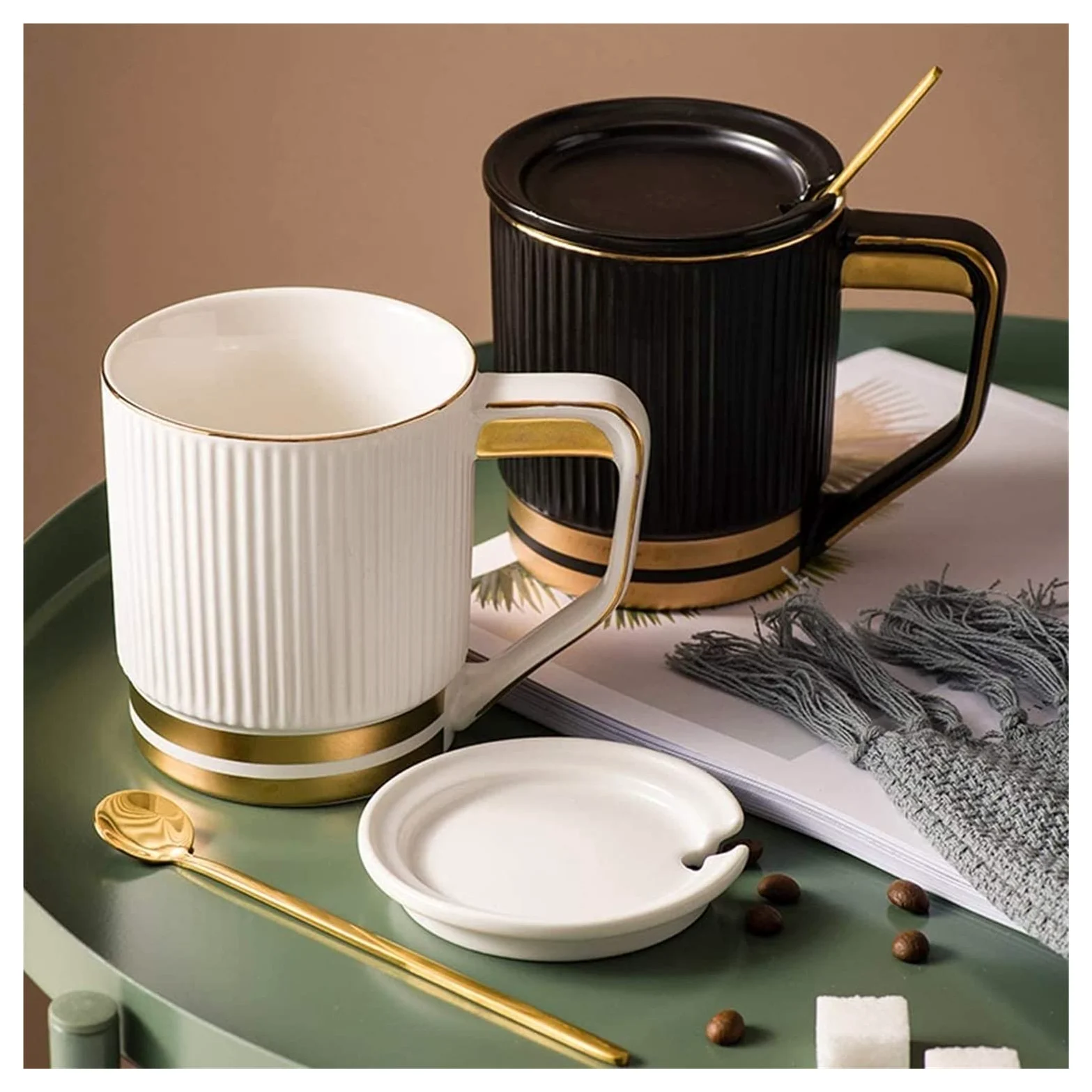 Taza de café de cerámica, taza de té para oficina y hogar, taza de café de cerámica con tapa y cucharadita dorada, decoración de borde dorado, taza de desayuno de gran capacidad, taza de té Wate