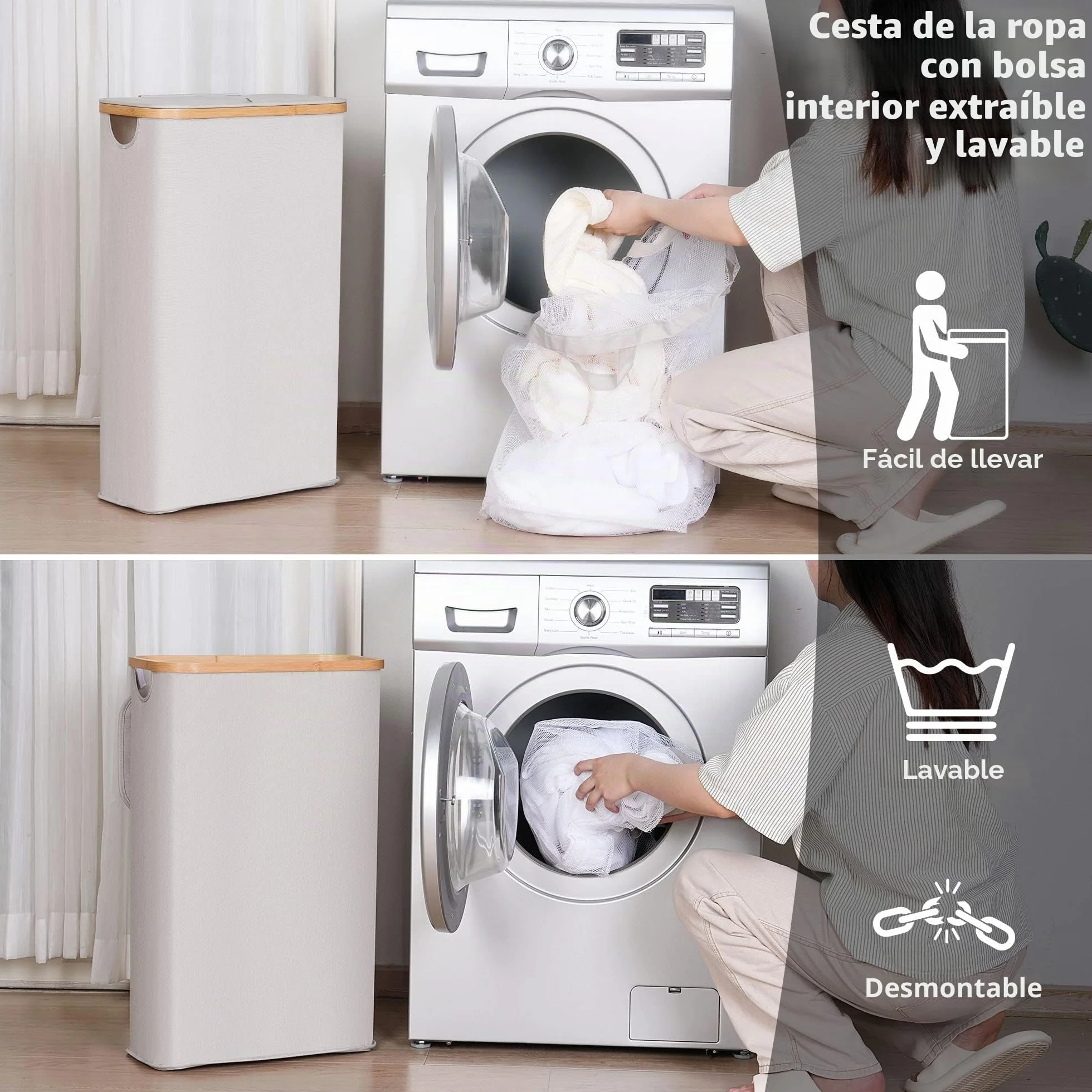 Cesto Ropa Sucia Bambú 60L con Tapa, Cesta Delgado con Bolsa Interior Extraíble, Laundry Basket Plegable para Lavadero Dormitorio Gris claro