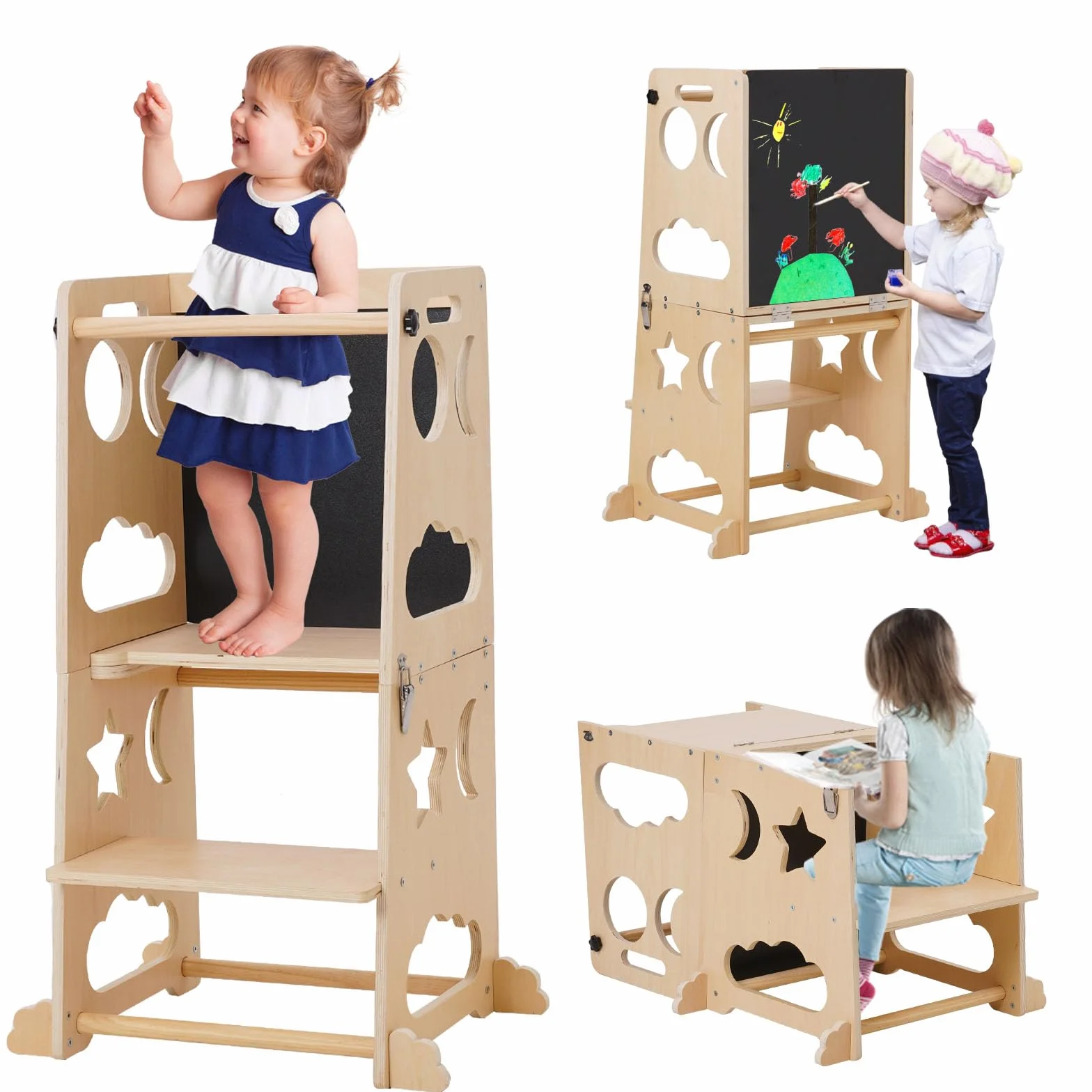 Torre de Aprendizaje Montessori, Torre de Aprendizaje 3 en 1, Taburete Plegable con Pizarra, para Niños de Madera, Taburete de Cocina Auxiliar para Niños, Adecuado para Mesa de Cocina y Baño