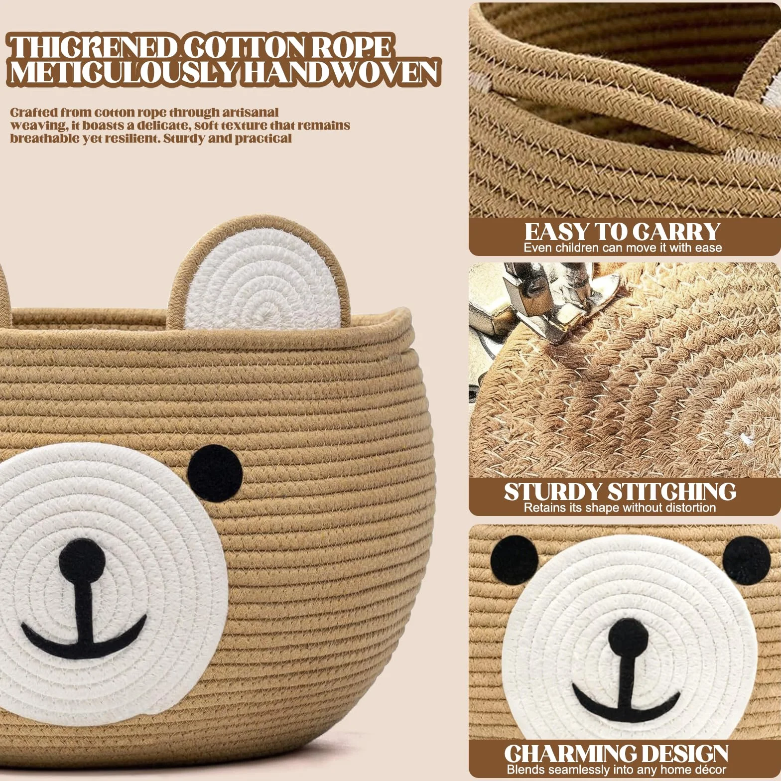 Cesta de almacenamiento para niños con forma de oso de cuerda de algodón redonda con asas ocultas
