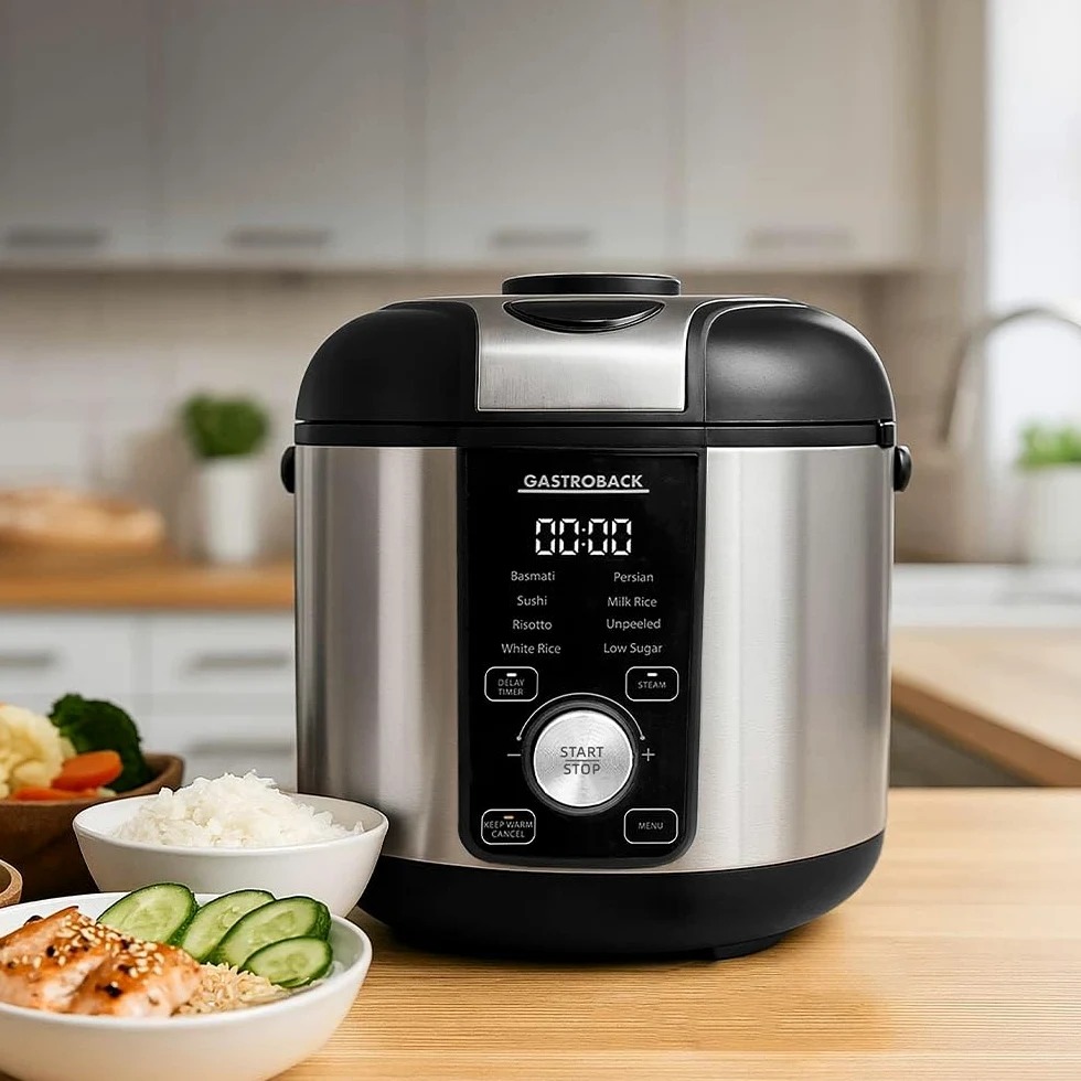 GASTROBACK Arrocera baja en carbohidratos de 3 litros con vaporizador de 500 W, 8 programas, incluye arroz Basmati, sushi risotto, olla interior antiadherente, apagado automático, función de
