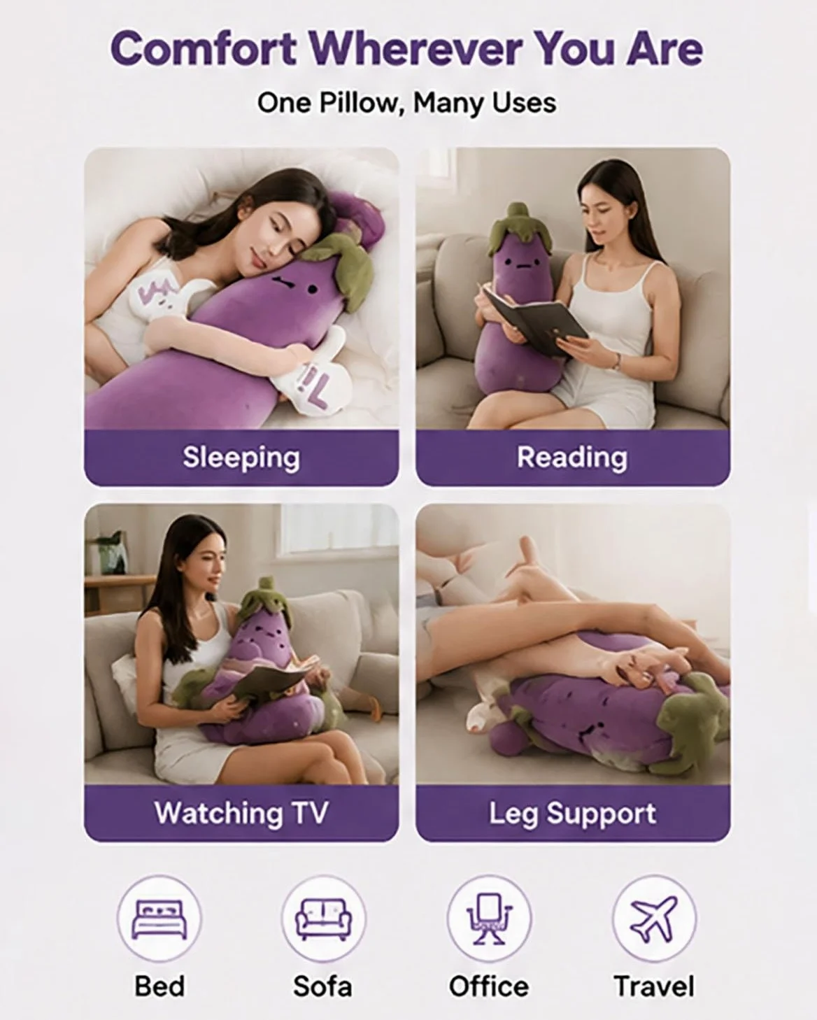 Almohada Inteligente de Berenjena/Mango Extra Grande for Ayudar a Dormir, Almohada de Felpa con calefacción y Control Remoto, for sofá Cama(Purple Basic Model,M)