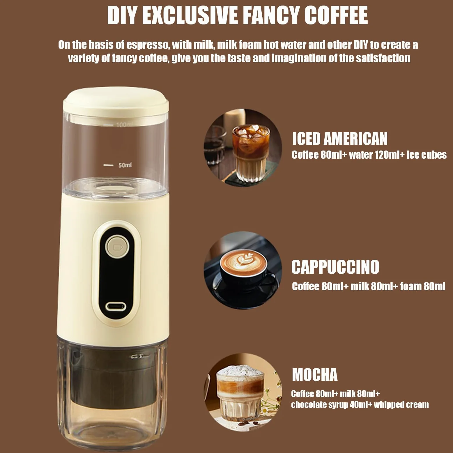 Kouamor Cafetera espresso portátil inalámbrica, cafetera de camping, autocalentamiento con USB-C, pequeña cafetera portátil compatible con café molido y cápsula NS (blanco)