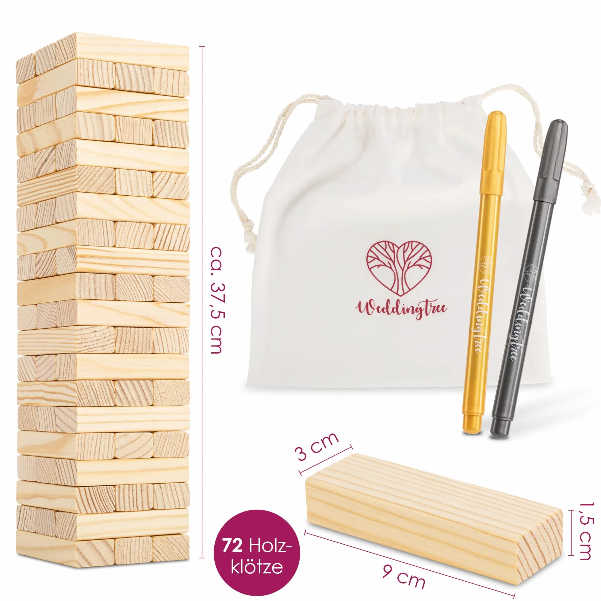 WeddingTree Libro de Firmas Bodas como Torre de Madera - con 72 Piedras, Bolsa de Almacenaje y 3 Rotuladores Metálicos - Libro Firmas Boda - Detalles para Bodas - Album para Firmas - Album Firmas Boda
