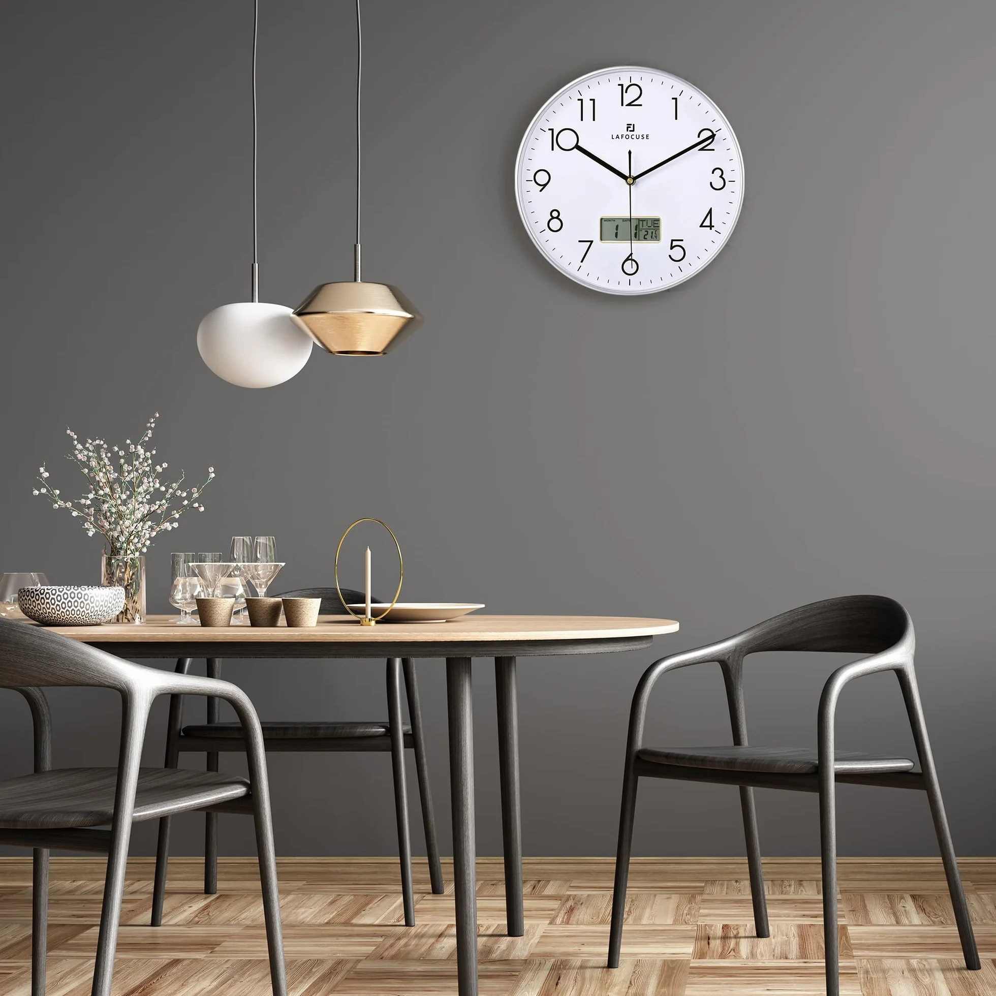Lafocuse 30cm Reloj de Pared Calendario con Fecha y Termometro Digital LCD, Silencioso Moderno Plateado Reloj Cocina Pared, Fácil de Leer sin Tictac para Salon Dormitorio Oficina