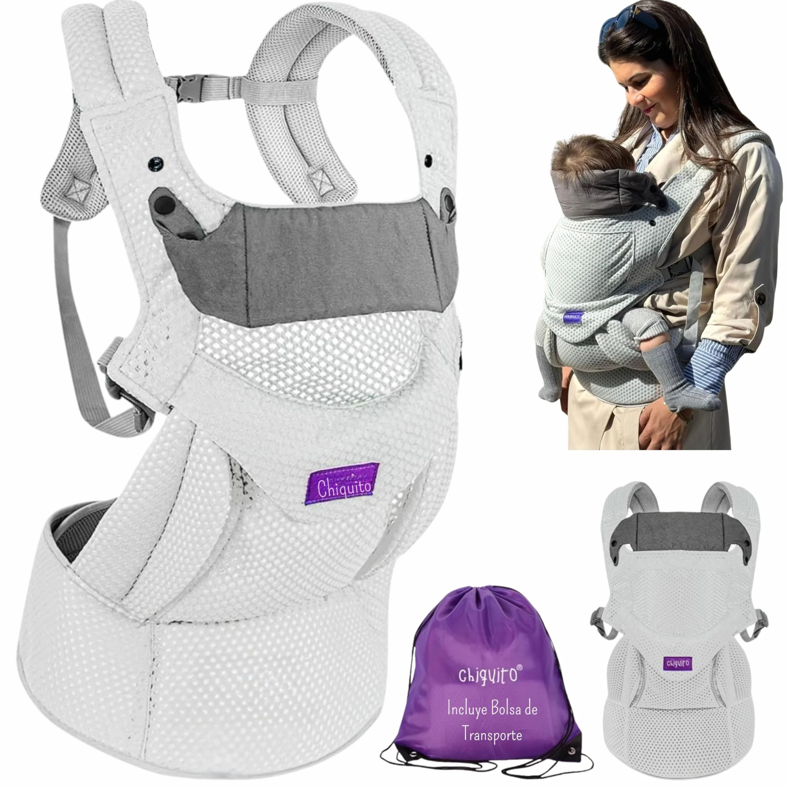 Chiquito Mochila Portabebés 0-36 m 3,2-15 kg Ergonómica Transpirable Softflex Malla 3D Soporte Lumbar Gris Hielo
