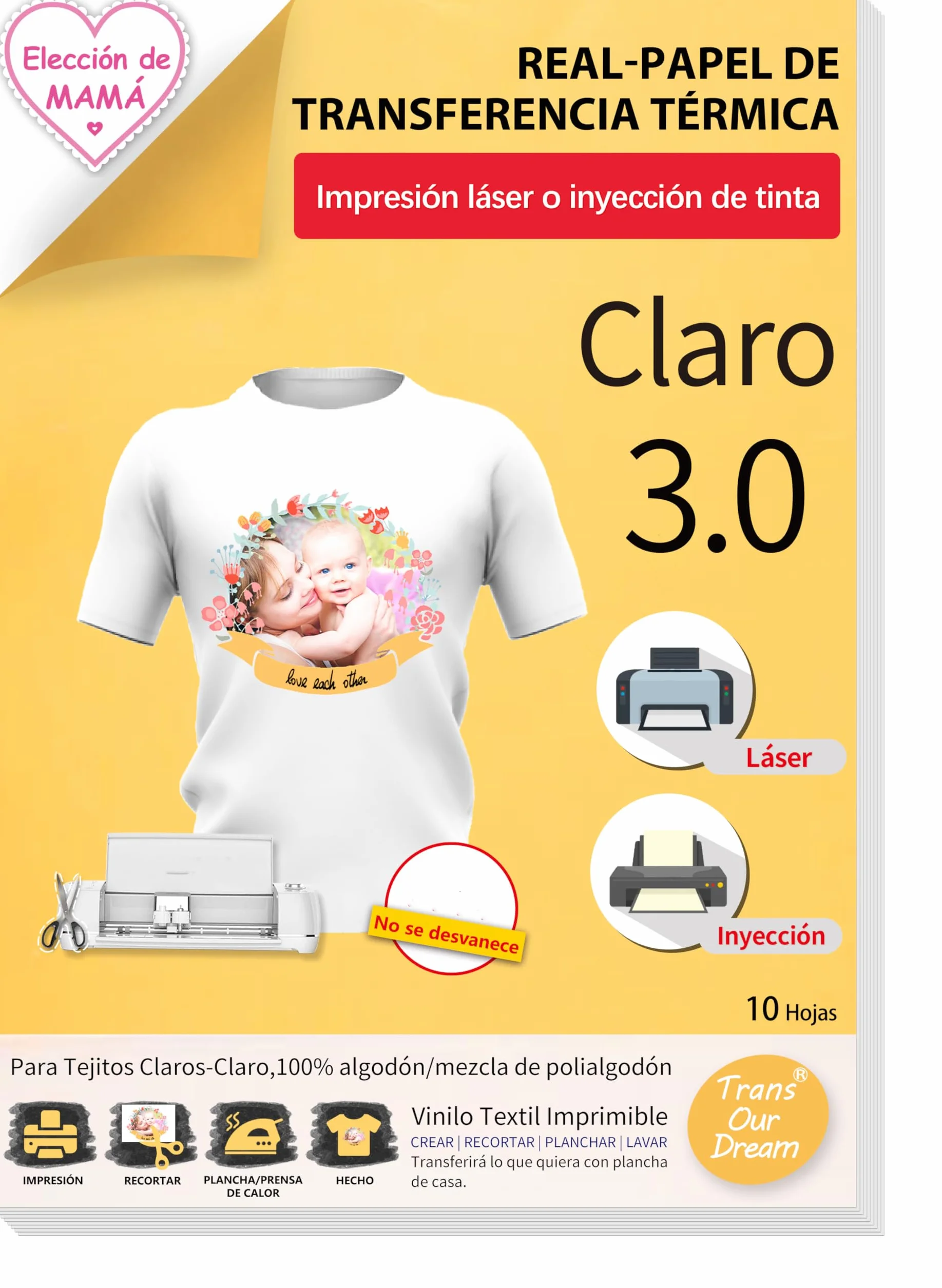 TransOurDream-Papel de Transferencia Para Tejido Claro,Nueva versión mejorada 3.0(A4X10 Hojas),Papel Transfer Apto Tinta o Láser, vinilo HTV,Transfer paper Perfecto para Fiesta.ES-03-10