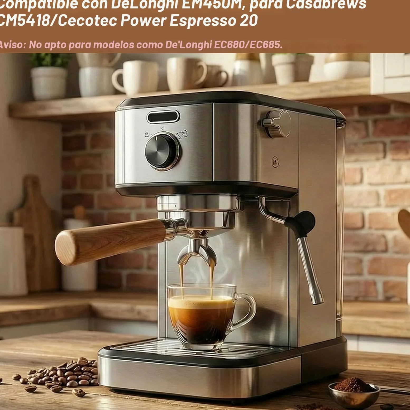 Portafiltro de 51 mm para cafetera DeLonghi EM450M, 3 orejas 4mm de espesor, Para Casabrews CM5418/Cecotec Power Espresso 20, soporte de filtro de acero inoxidable con mango de madera premium