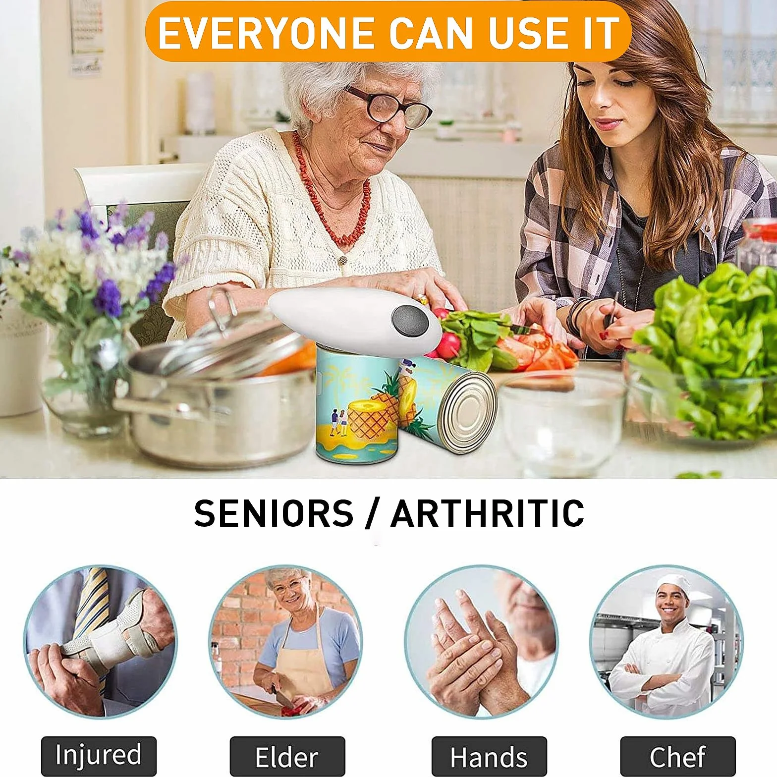 Abrelatas eléctrico, tapa sin borde afilado con abrebotellas, abrelatas automático One Touch para personas mayores, aparato de cocina para artritis y manos débiles