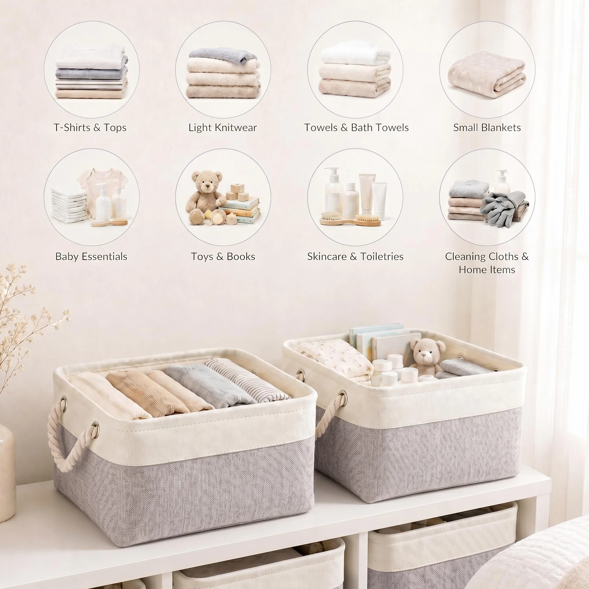 Mangata Caja de almacenaje, cestas de almacenaje Tela, Plegable Cajas organizadoras para Ropa, Juguetes, armarios (38x28x24 cm, Juego de 3, Gris Blanco)