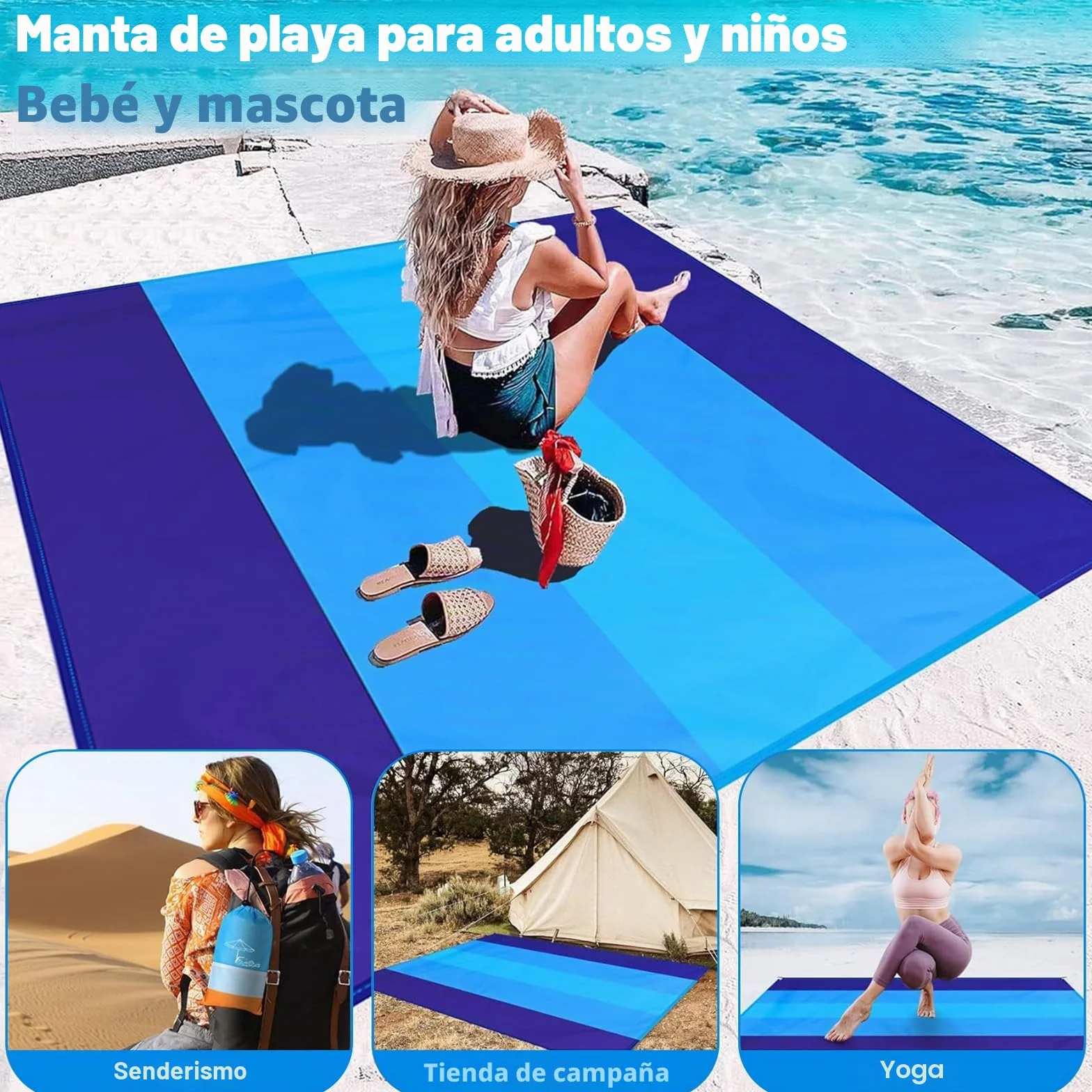 Manta de Playa Grande 210x230cm, Esterilla a Prueba de Arena, Alfombra de Picnic Ligera con Estacas