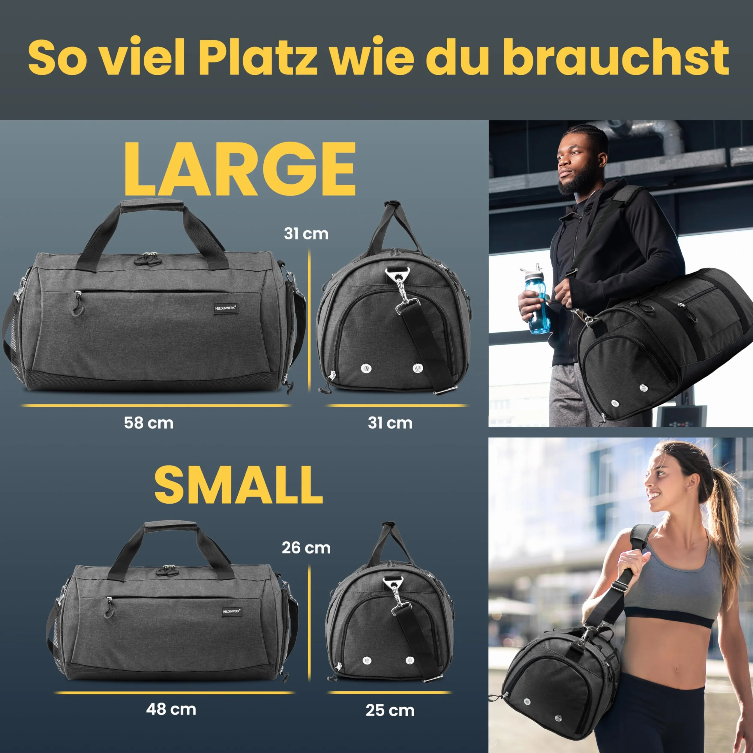 Heldenwerk Bolsa de deporte con compartimento para zapatos y húmedo, entrenamiento hombre mujer viaje fitness