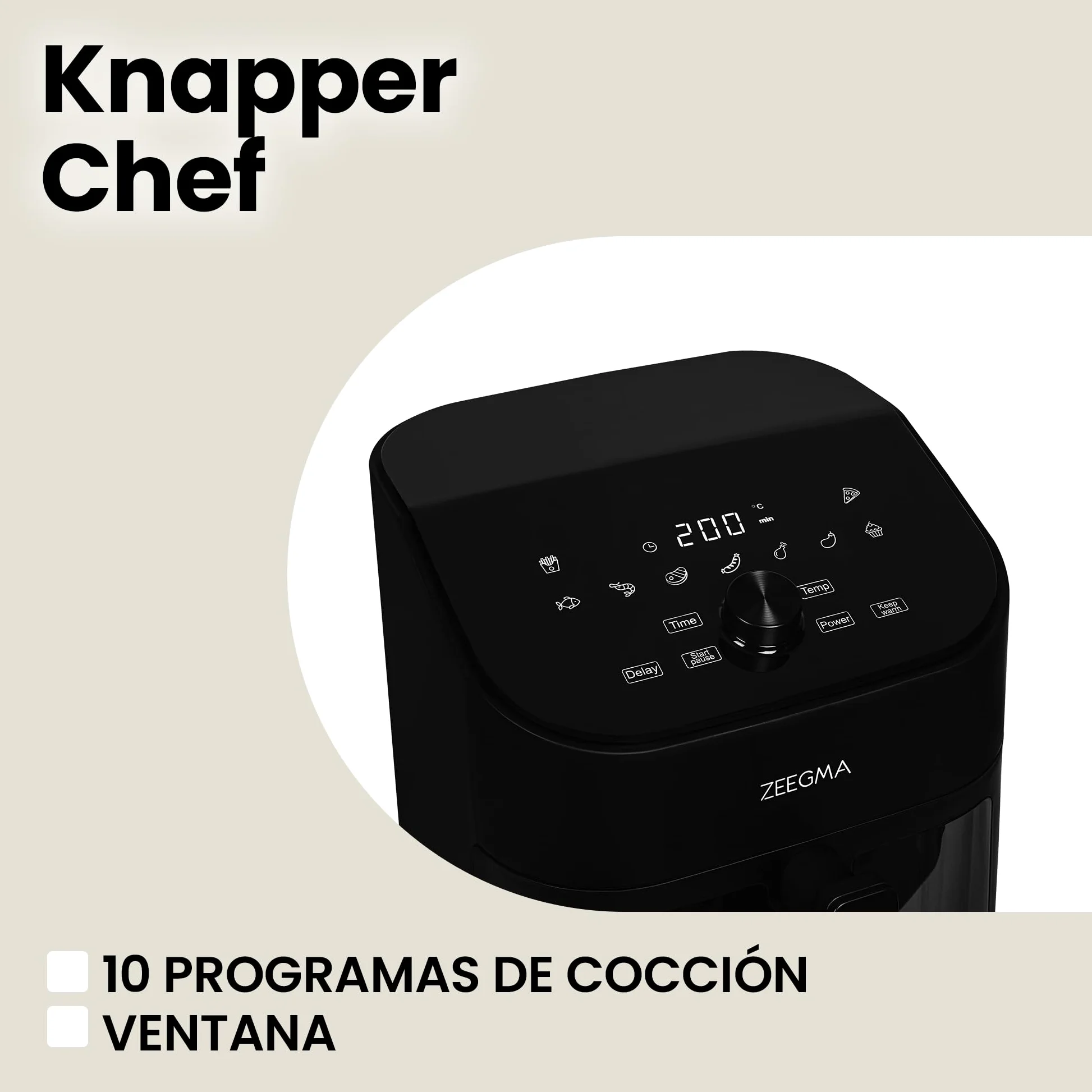 Freidora de Aire Zeegma Knapper Chef 6,5L - Cocina Saludable sin Aceite con 10 Programas Automáticos, 1600W, Calentamiento Rápido en 60s, Pantalla Táctil LCD, Fácil de Limpiar