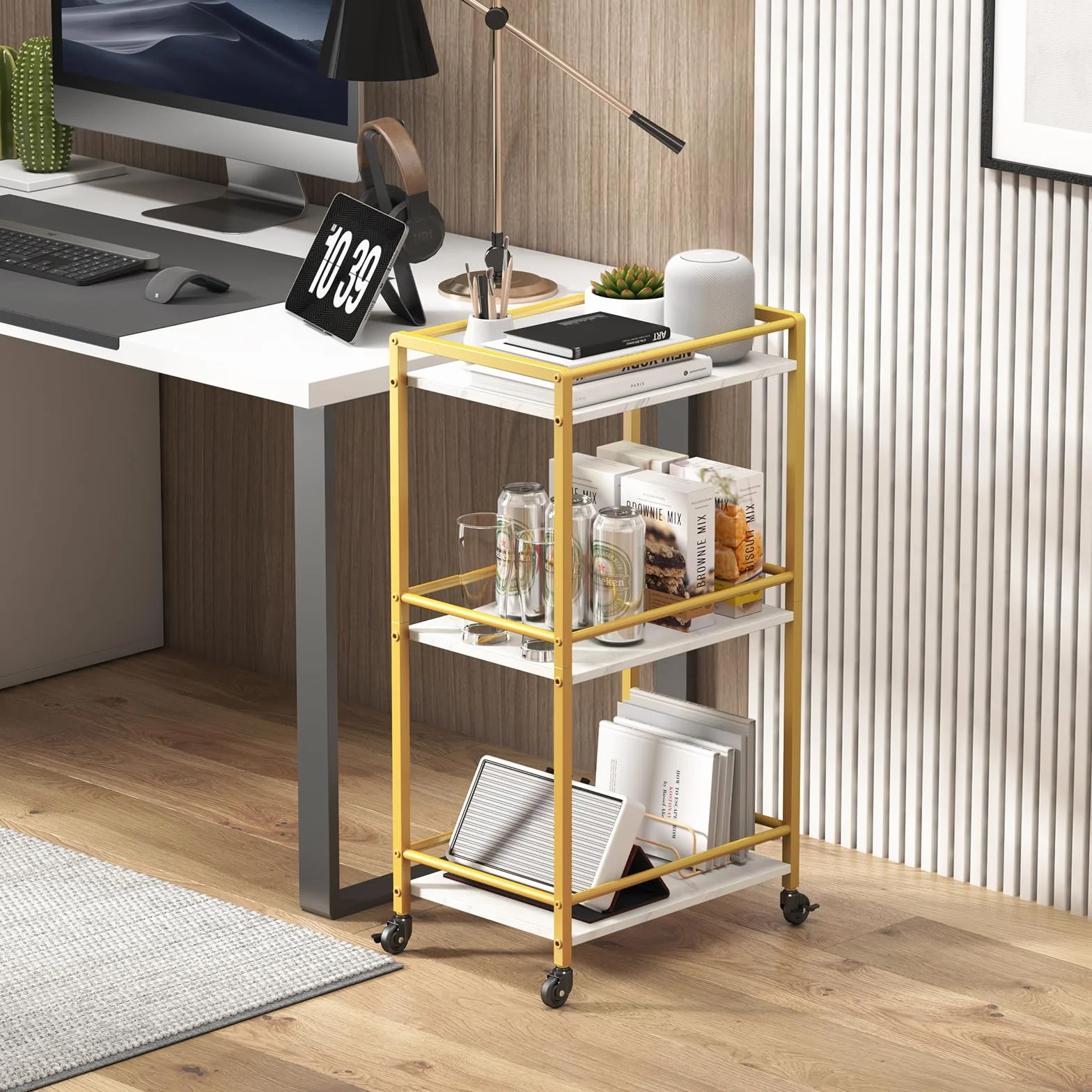 Lifewit Carrito de Cocina, Carrito Auxiliar de 3 Niveles, Carrito de Servicio de Té con Ruedas con Bloqueo para Cocina, Comedor o Sala de Estar, 43.2 x 30 x 81.5 cm, Dorado