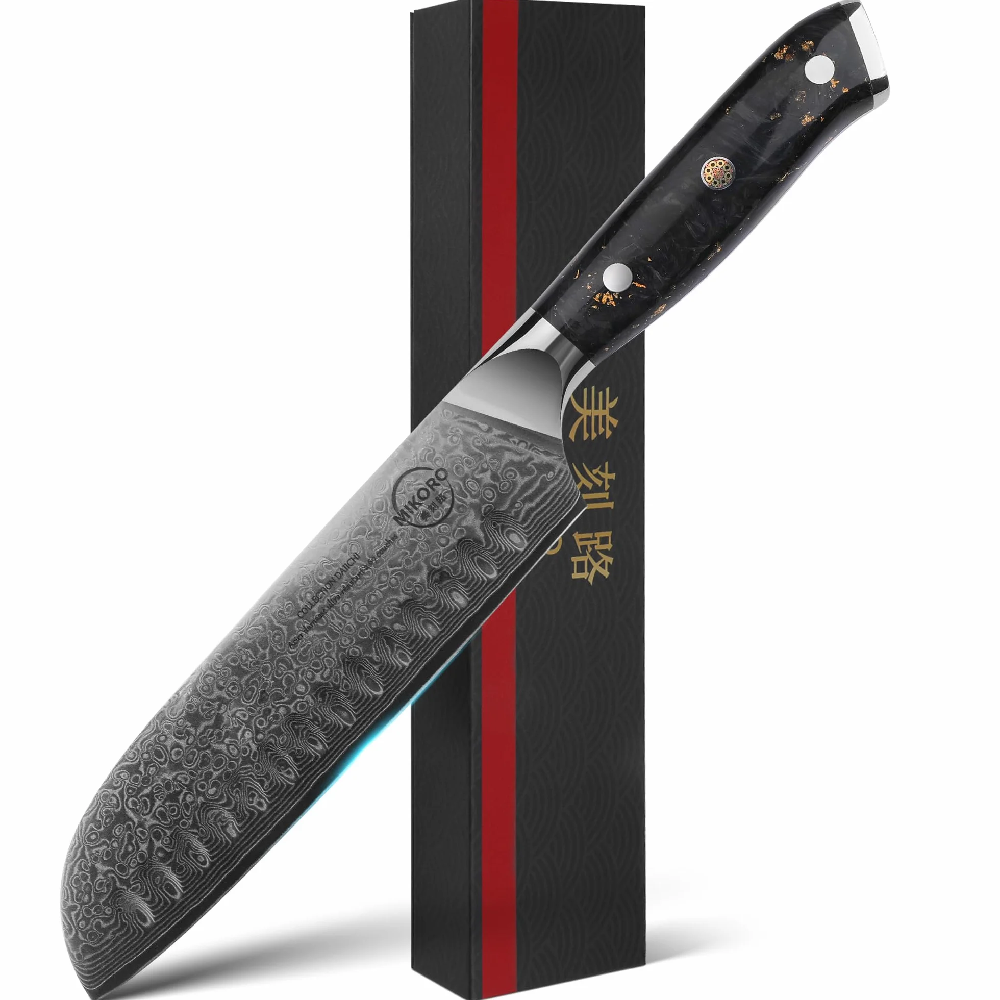 MIKORO Cuchillo Santoku Japonés de 18 cm - Acero de Damasco de 67 Capas con Alto Contenido de Carbono - Cuchillo de Cocina Profesional Ultra Afilado - Mango Ergonómico - Para Carne, Pescado y Verduras