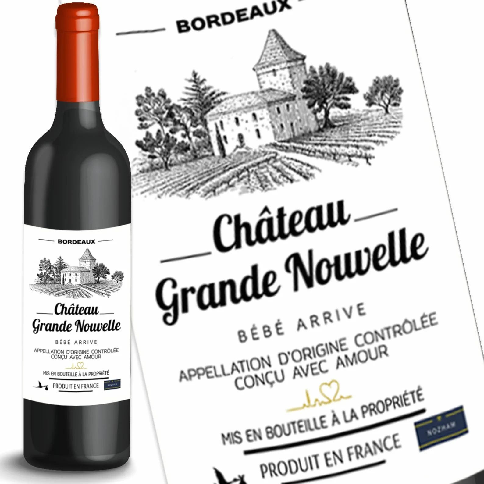 X5 Etiquetas Botella de vino Anuncio de embarazo Original Nacimiento Bebé Llega - Anuncio de Navidad - Secret Santa - Abuelo - Abuelita - Tonton - Tata - Papá