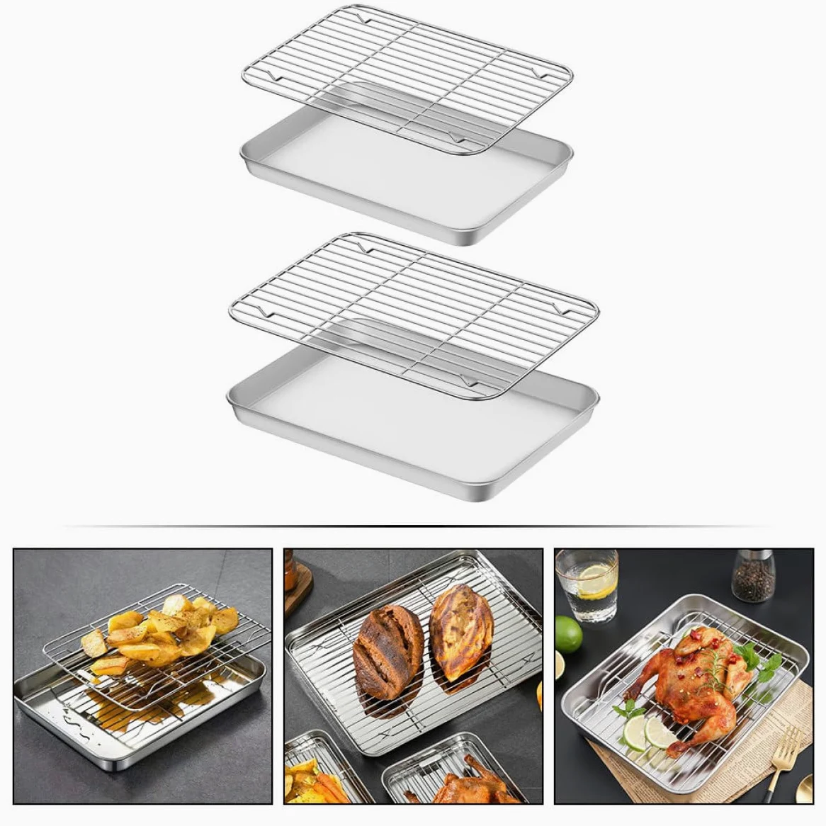 Bandejas para Asar Versátiles con Acabado Espejo Juego de 2 con Rejilla de Acero Inoxidable para Hornear y Enfriar en Cocina Doméstica